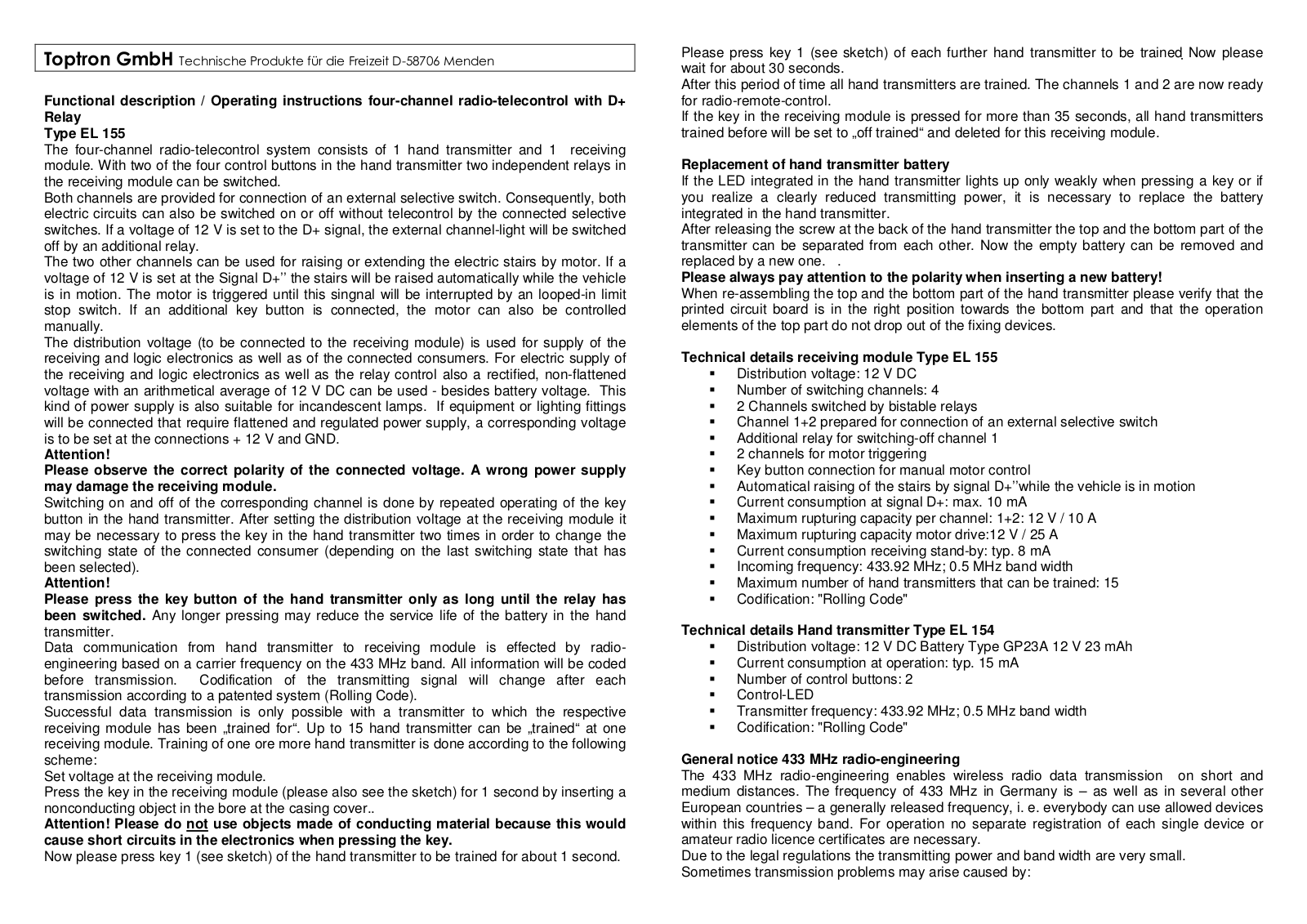 Toptron EL 155 Functional Description/operating Instructions