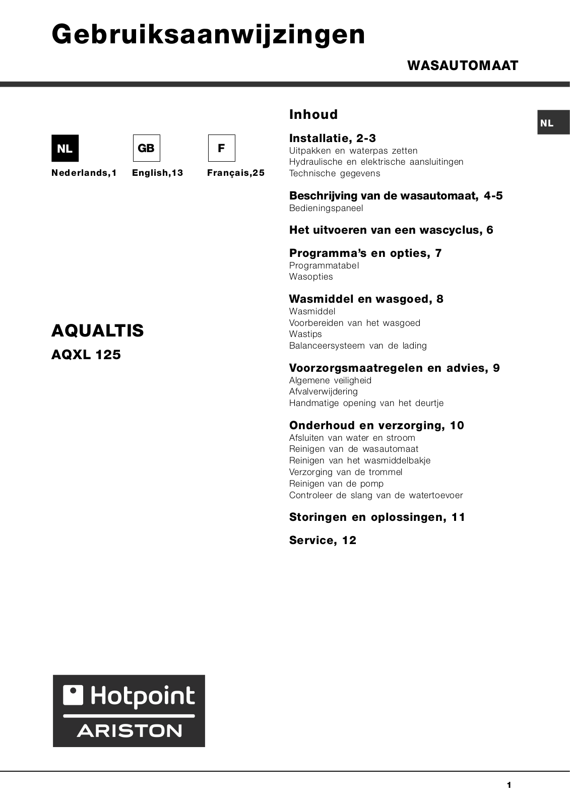 HOTPOINT AQXL 125 User Manual