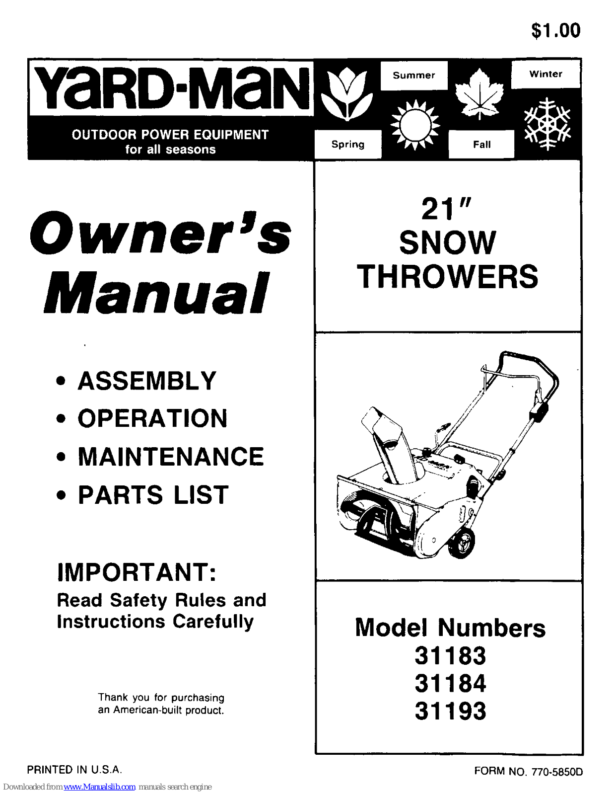 Yard-Man 31183, 31184, 31193 Owner's Manual