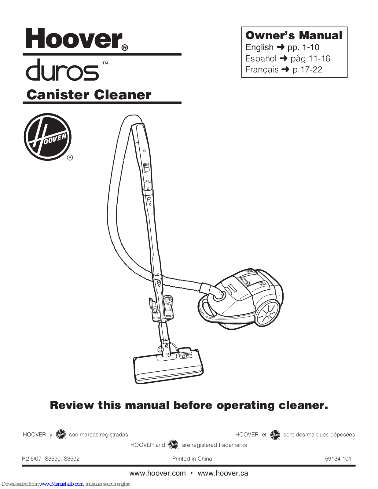 Hoover S3592, S3590 Owner's Manual