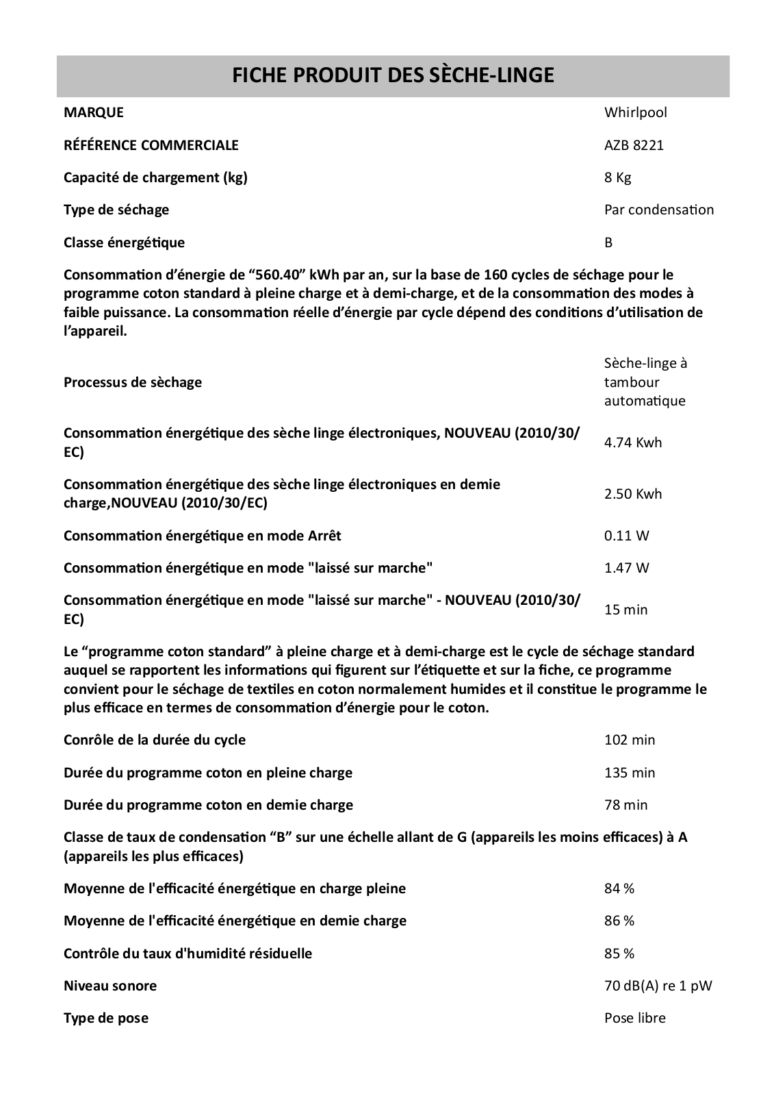 Whirlpool AZB 8221 Product Information