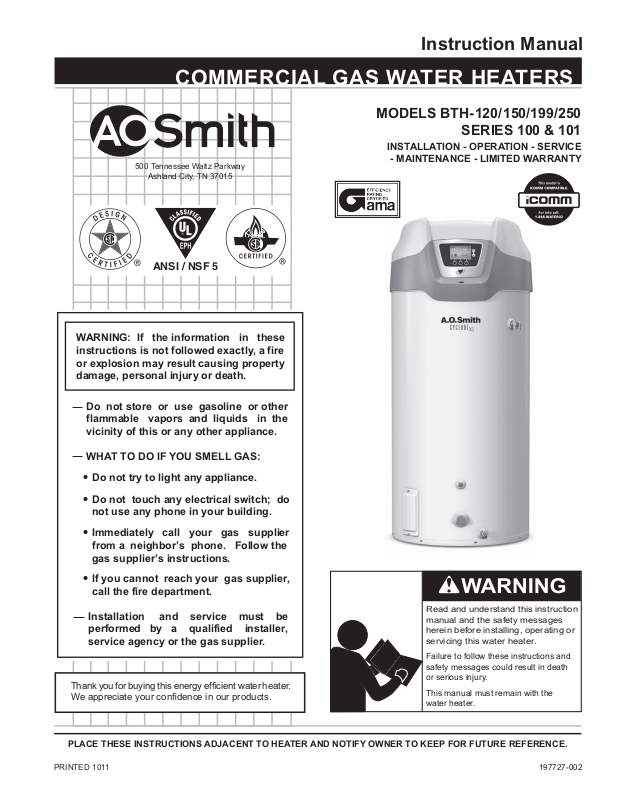 A. O. Smith BTH-150 Installation Manual