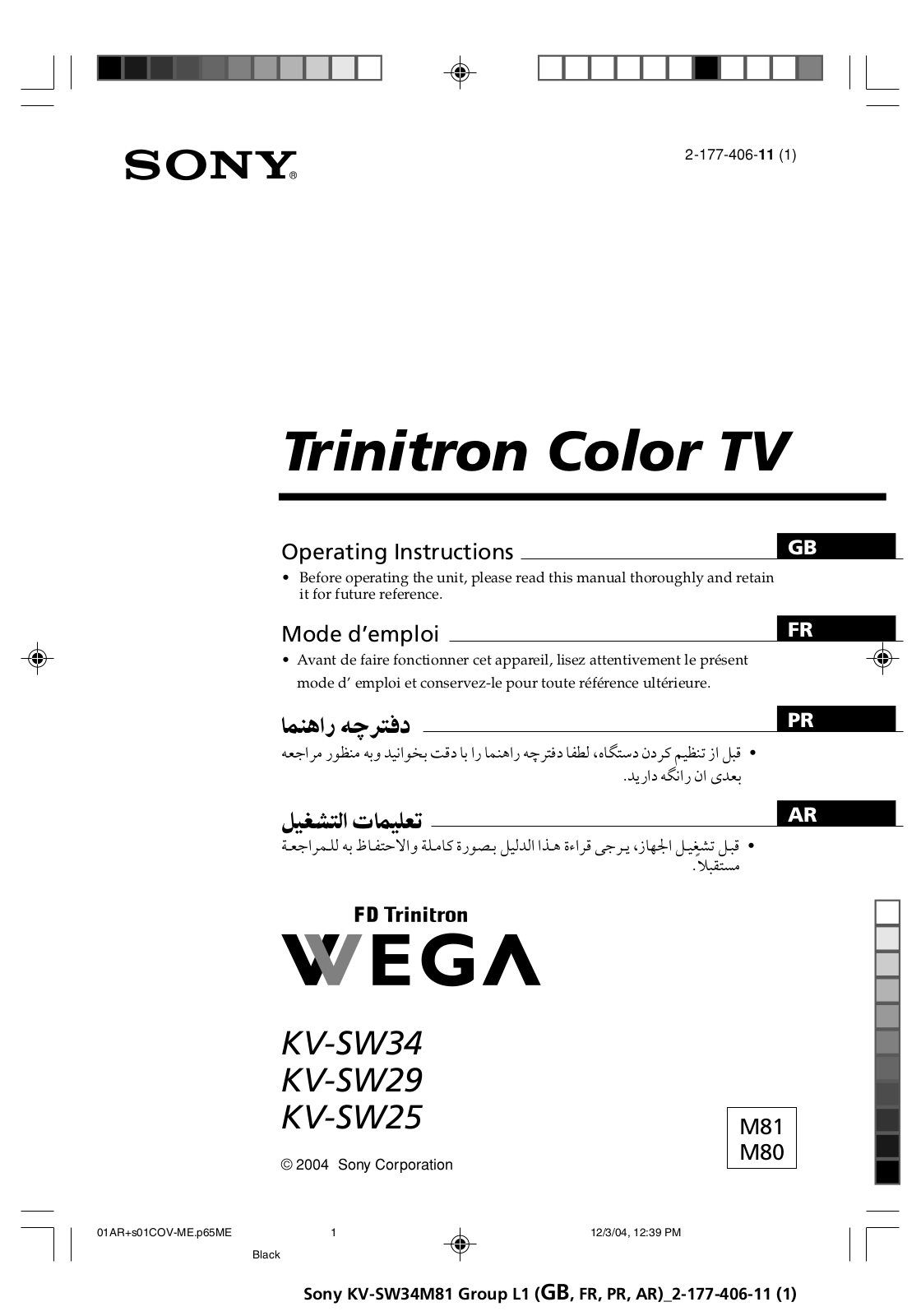 Sony Wega KV-SW34, Wega KV-SW25, Wega KV-SW29 Operating Instructions Manual