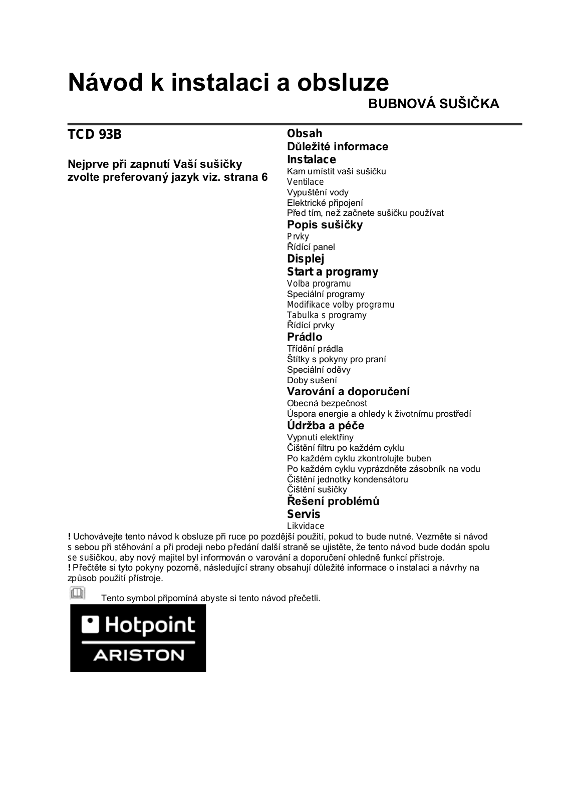 Hotpoint-Ariston TCD 83B 6K-Z User Manual