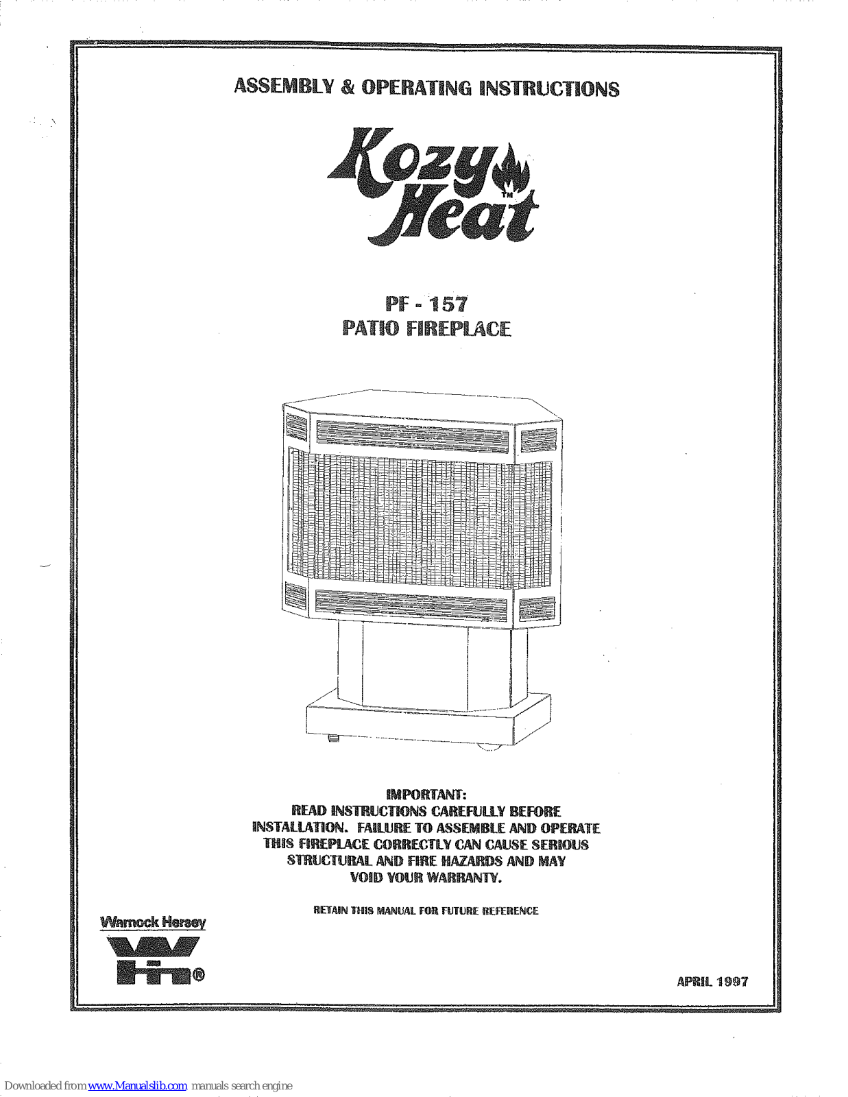 kozy heat PF-157 Assemble And Operating Instructions