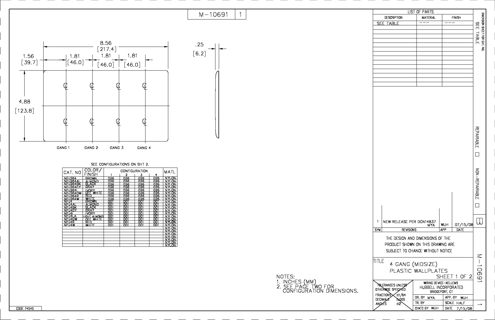 Hubbell NPJ264BK Reference Drawing