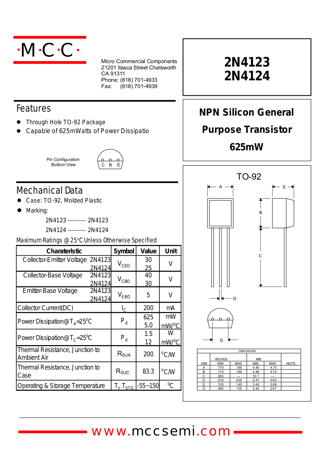 MCC 2N4124, 2N4123 Datasheet