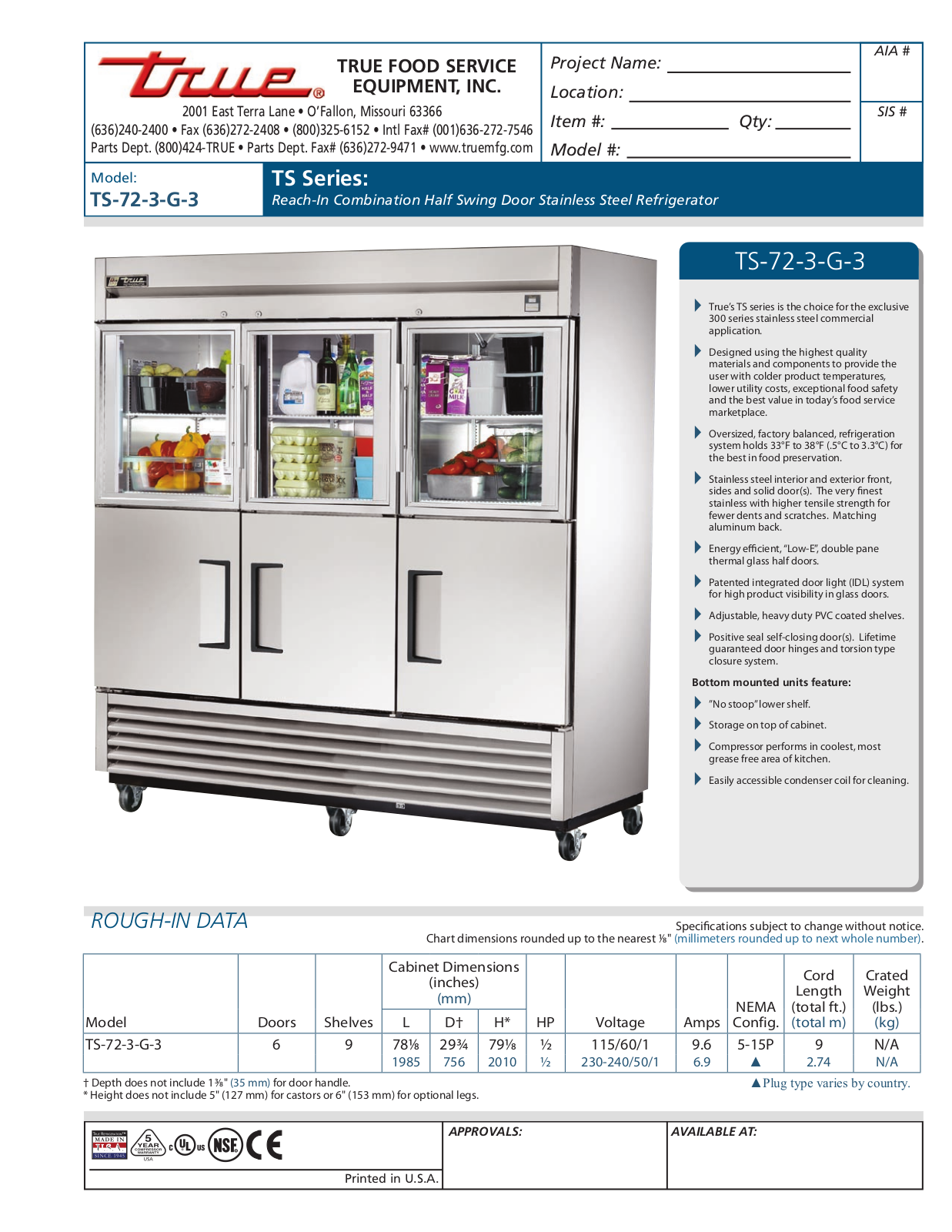 True TS-72-3-G-3 Specifications