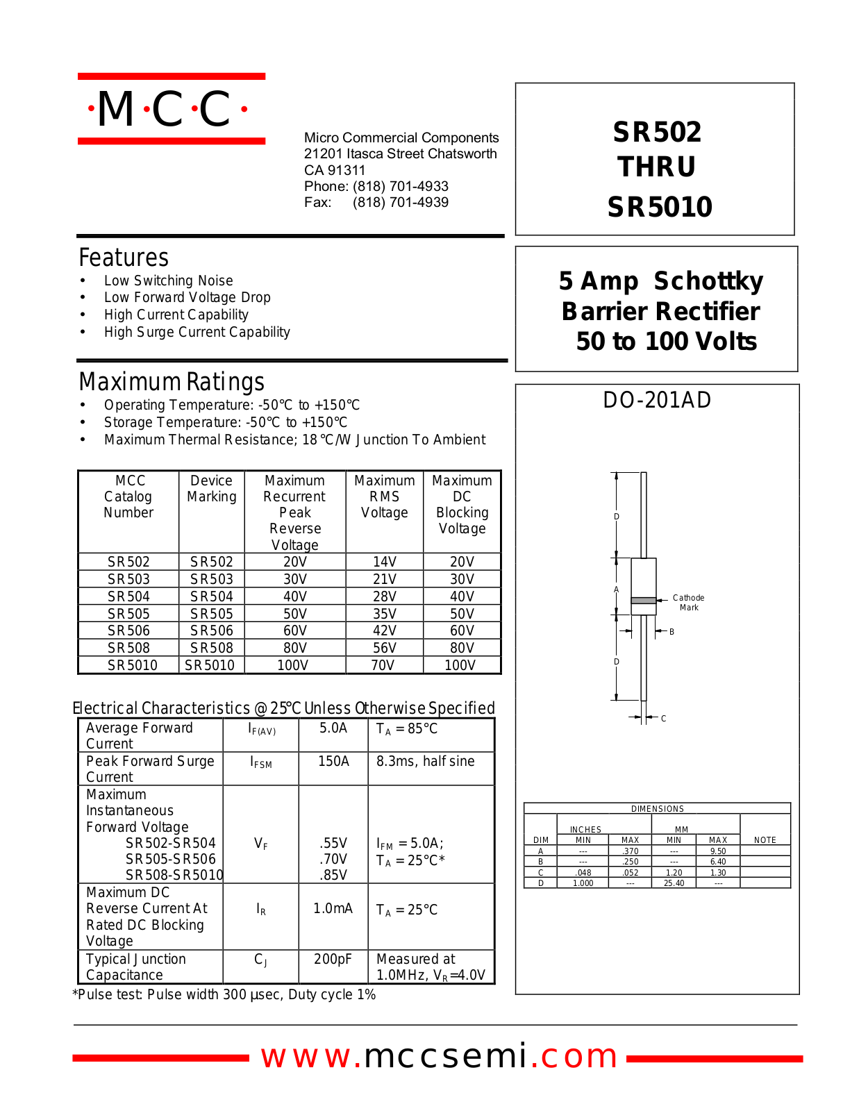 MCC SR506, SR504, SR5010, SR503, SR502 Datasheet