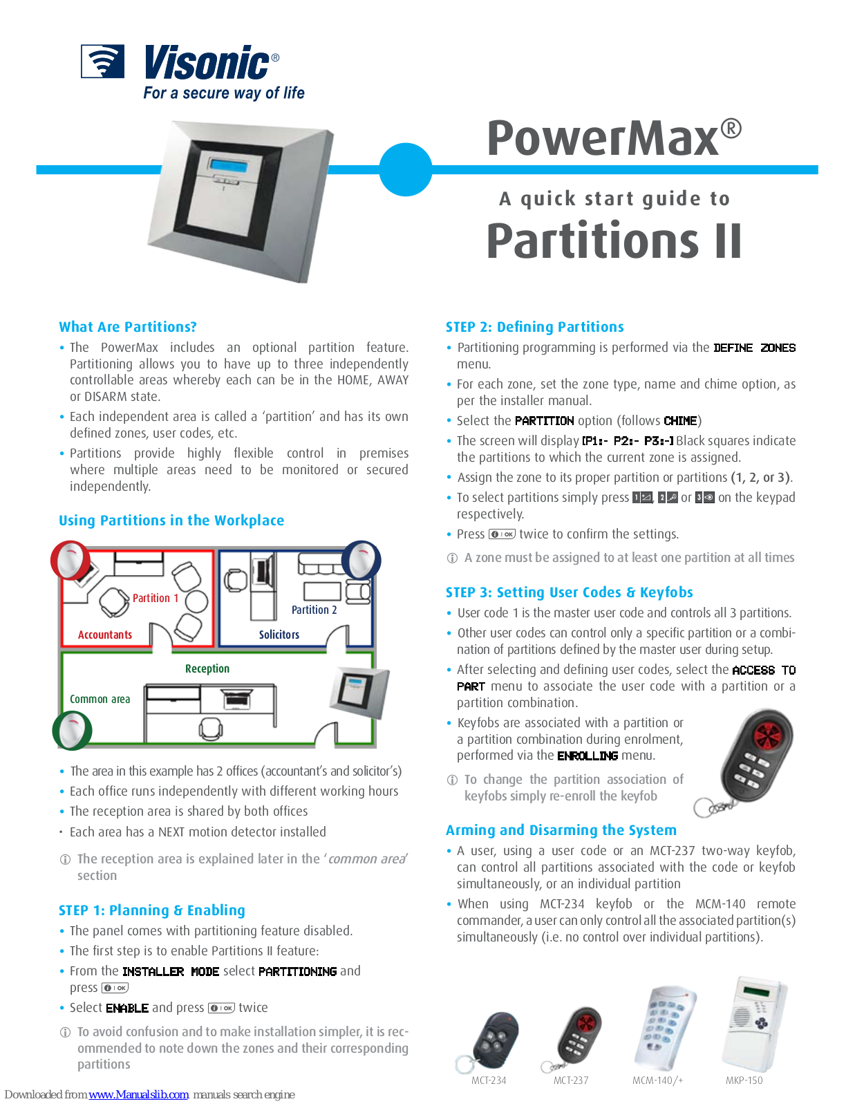 Visonic POWERMAX - QUICK START GUIDE TO PARTITIONS II, PowerMax Partitions II Quick Installation Manual