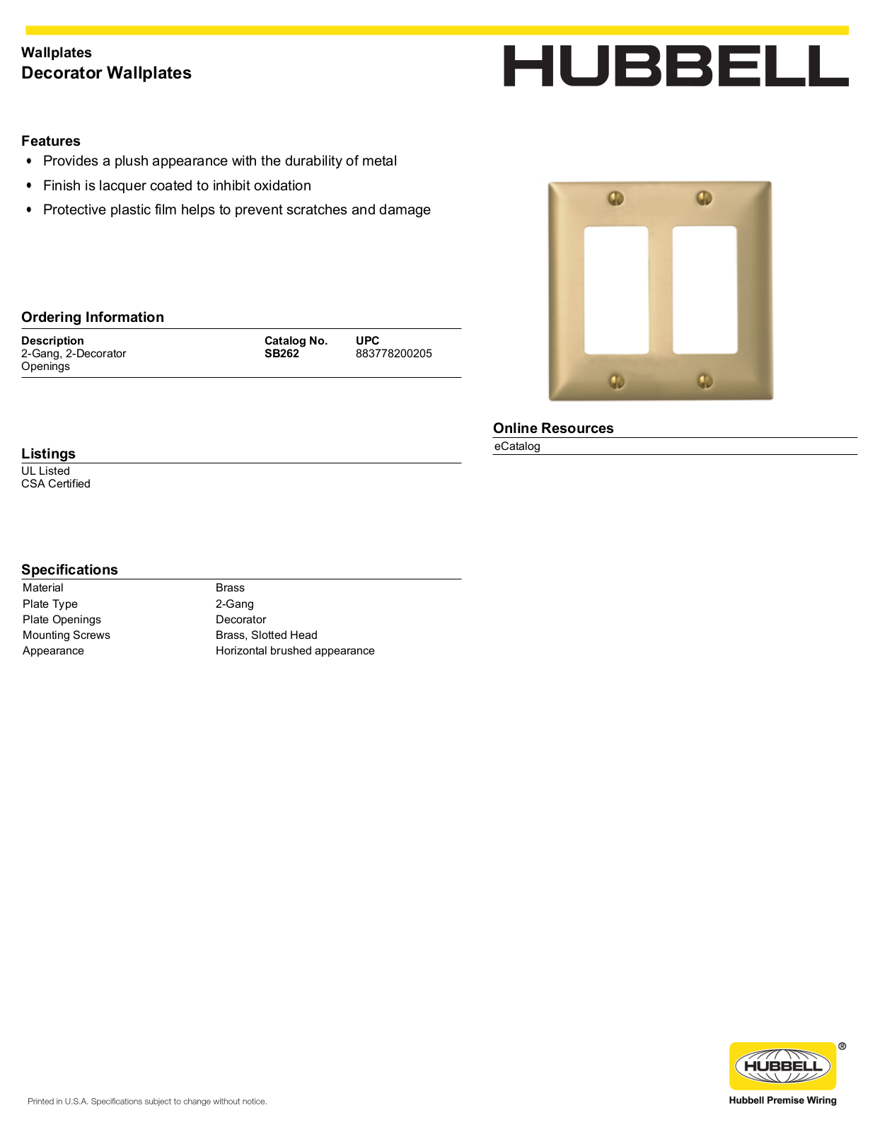 Hubbell SB262 Specifications