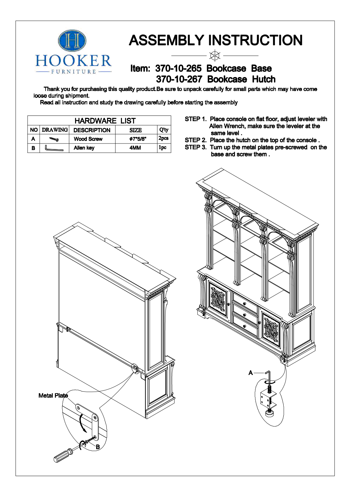 Hooker Furniture 37010267265 Assembly Guide