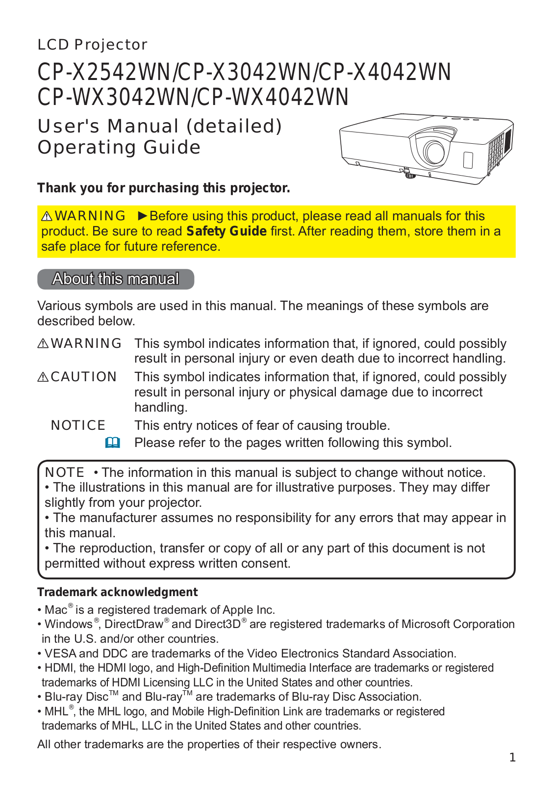 Hitachi CP-WX4042WN, CP-WX3042WN, CP-X4042WN, CP-X3042WN, CP-X2542WN User Manual