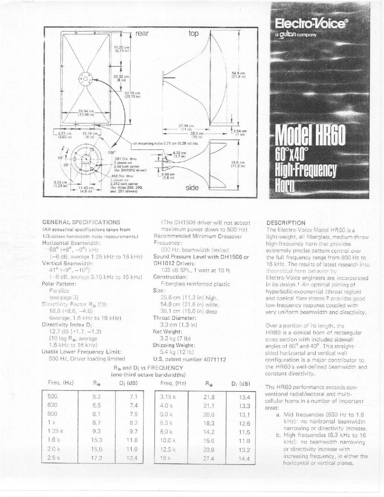 Electro-voice HR60 DATASHEET