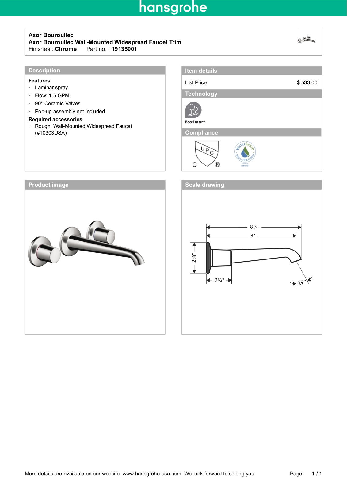 Hansgrohe 19135001 Specs