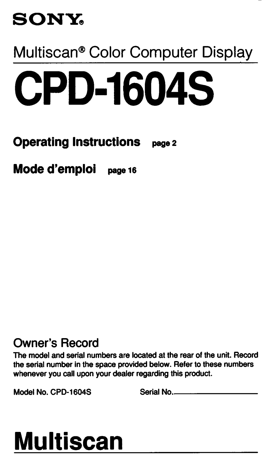 Sony CPD-1604S Operating Instructions