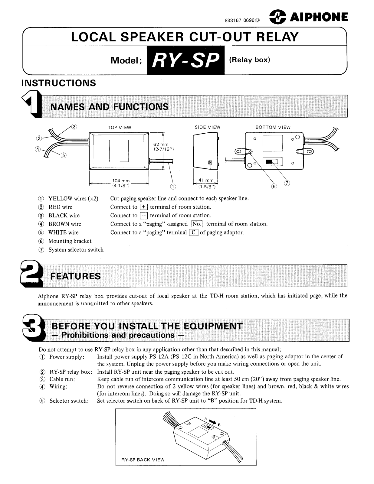 Aiphone RY-SP INSTALLATION INSTRUCTIONS