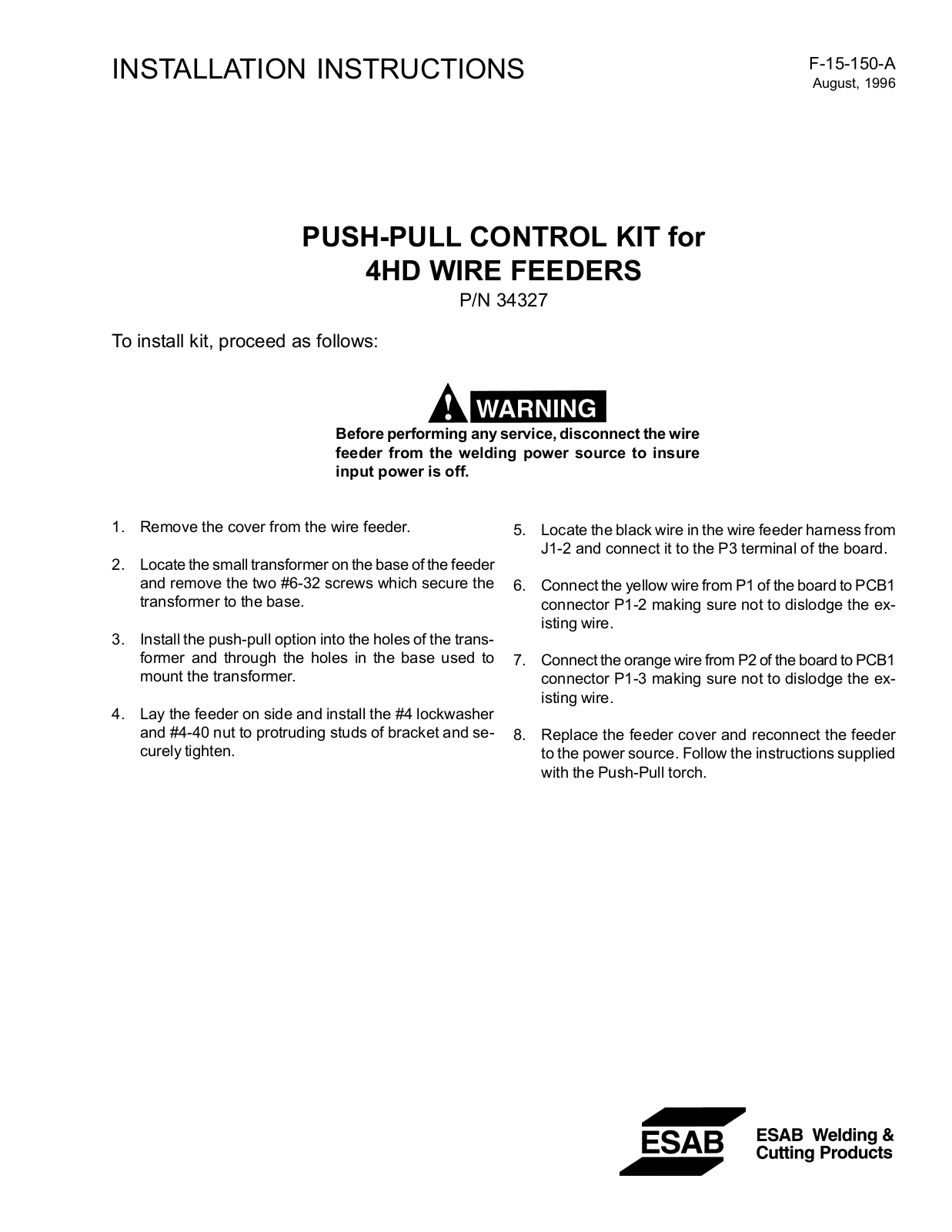 ESAB Push-Pull Control Kit for 4HD Wire Feeders Installation manual - ManualMachine.com