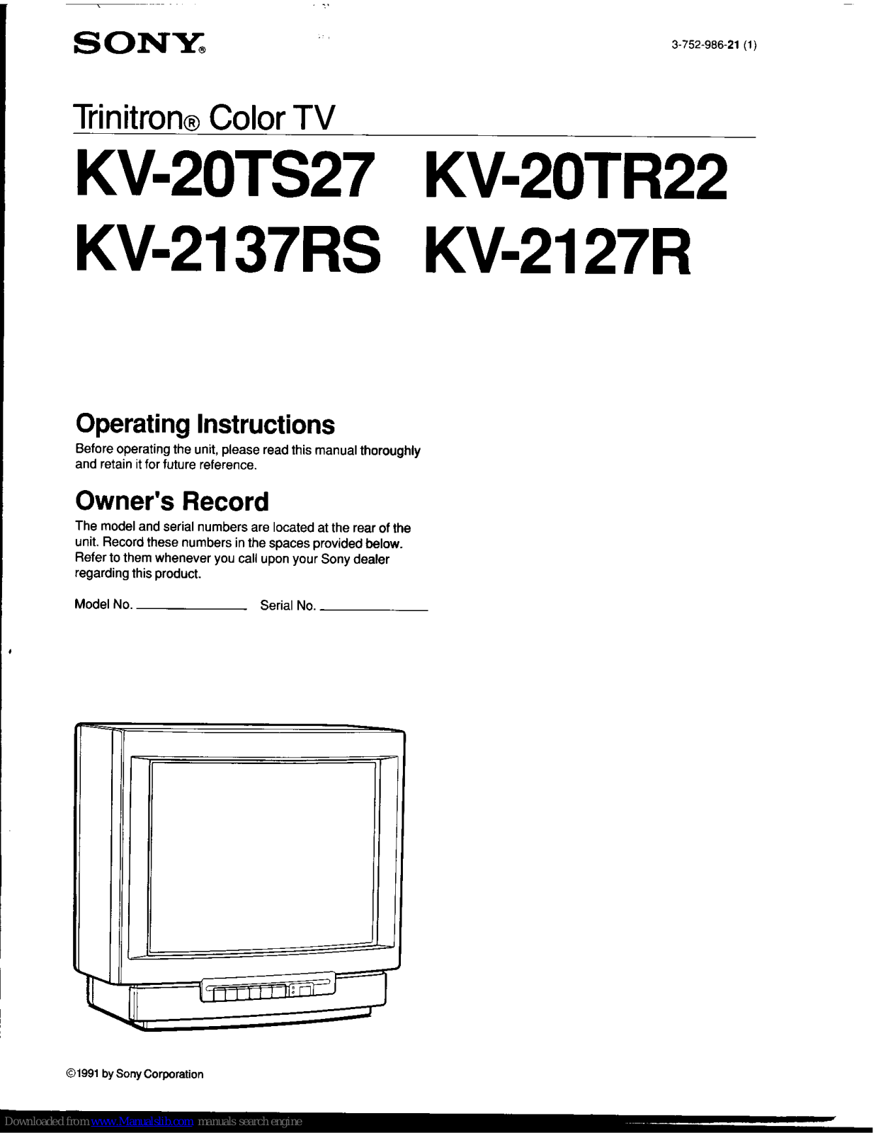 Sony Triniton KV-20TS27, Triniton KV-2127R, Triniton KV-20TR22, Triniton KV-2137RS Operating Instructions Manual