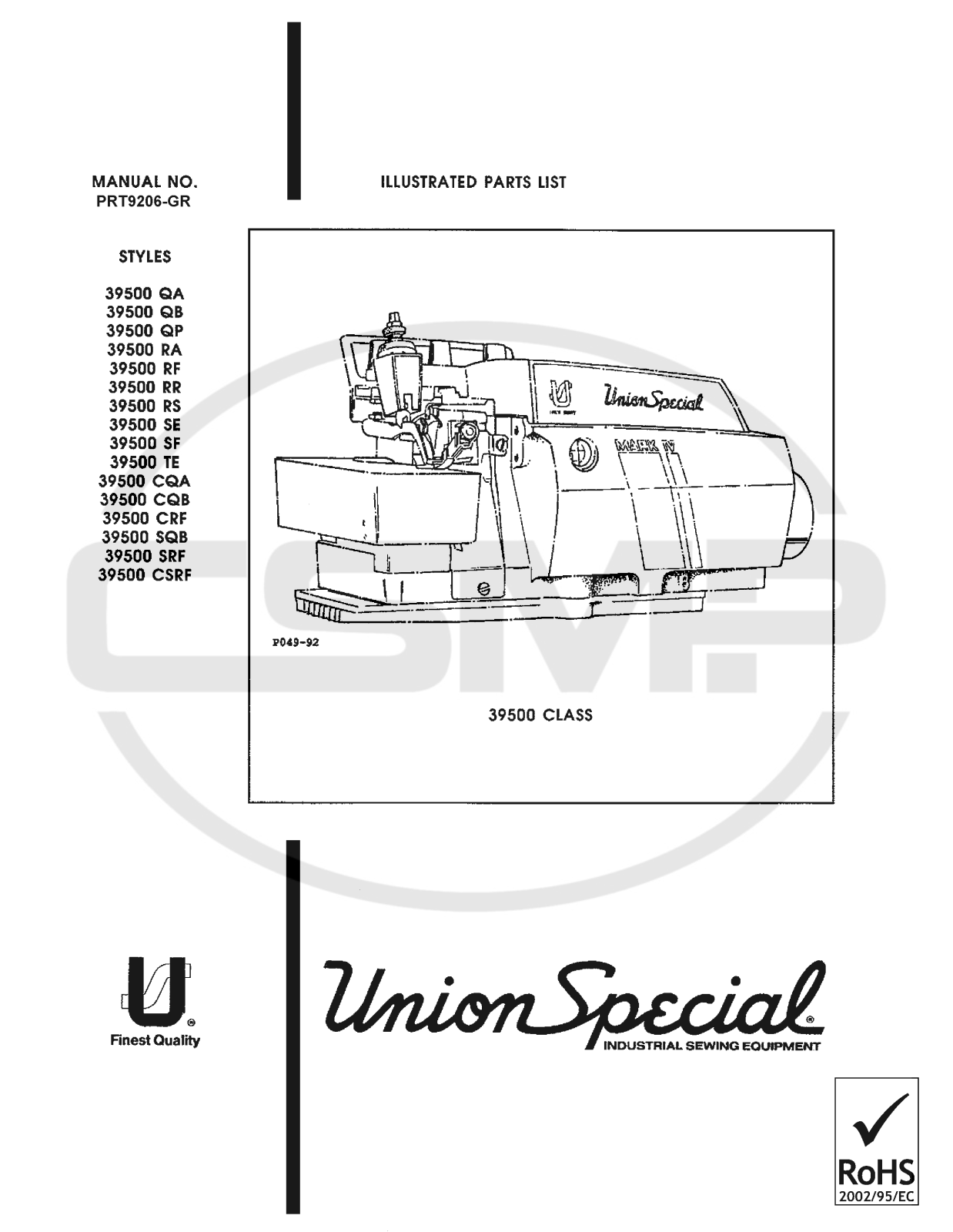 Union Special PRT9206 GR Parts Book