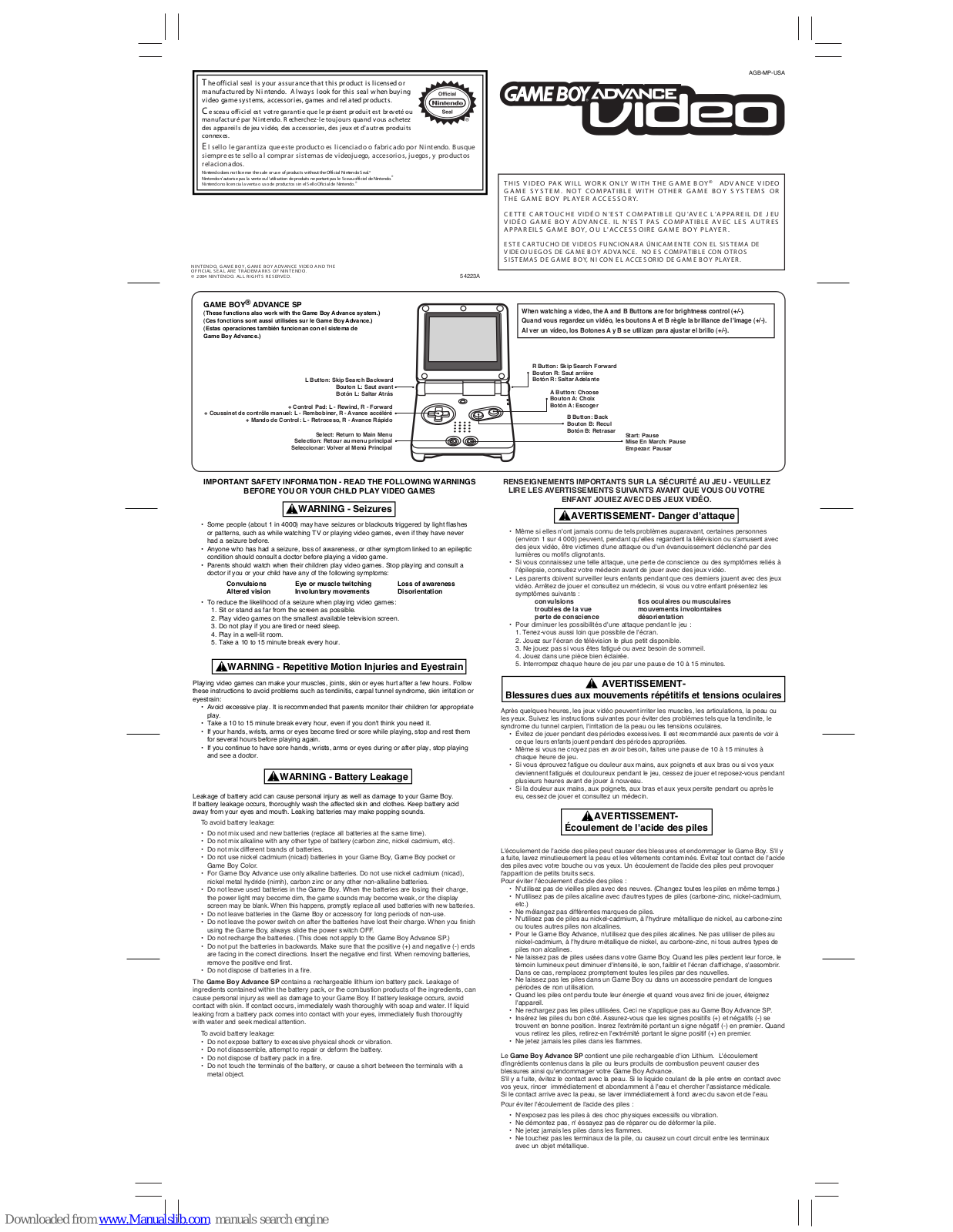Nintendo Game Boy Advance SP, Advance Video, 045496713843 - Game Boy Advance SP Console, Game Boy Advance Video User Manual