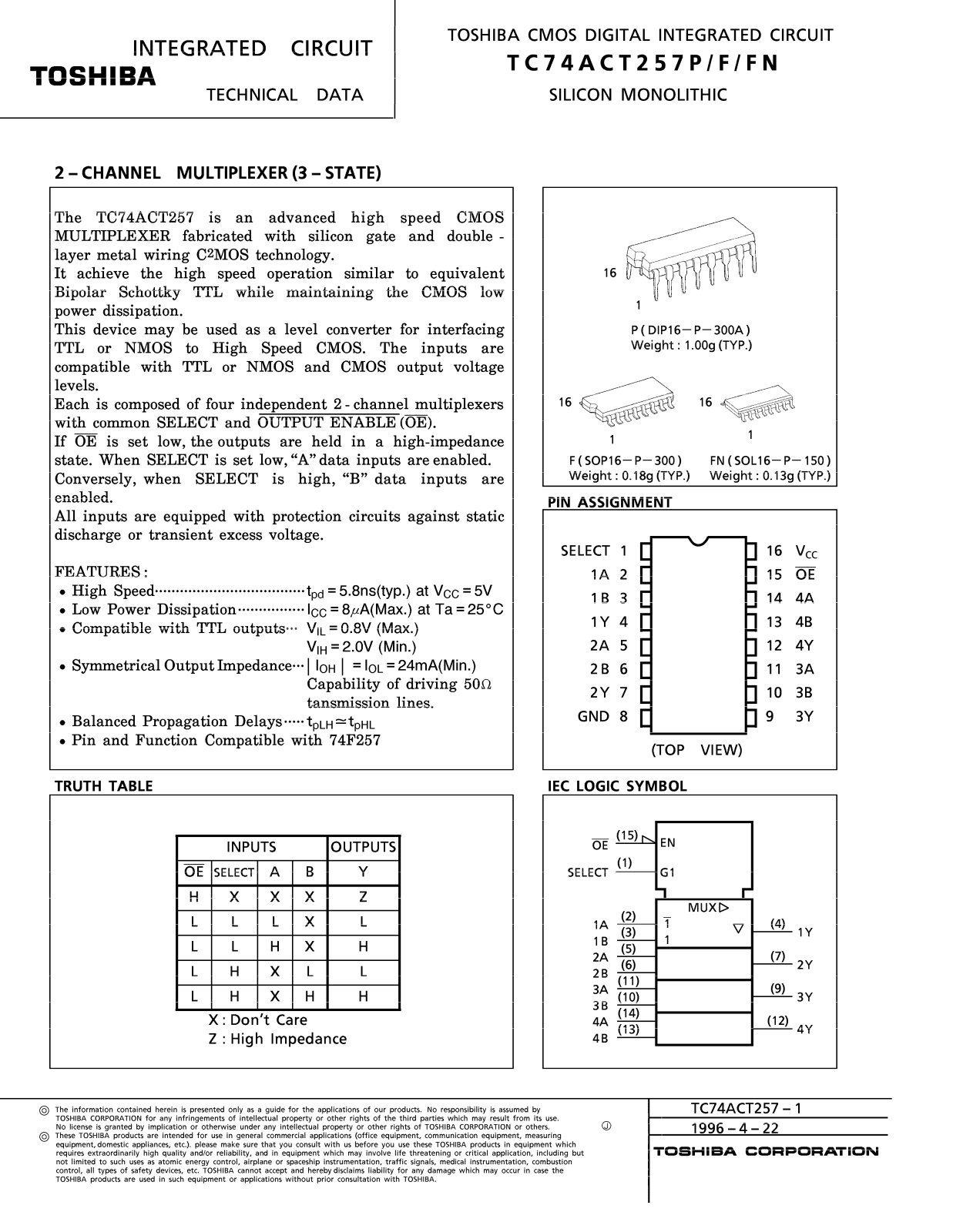 TOSHIBA TC74ACT257P, TC74ACT257F, TC74ACT257FN Technical data