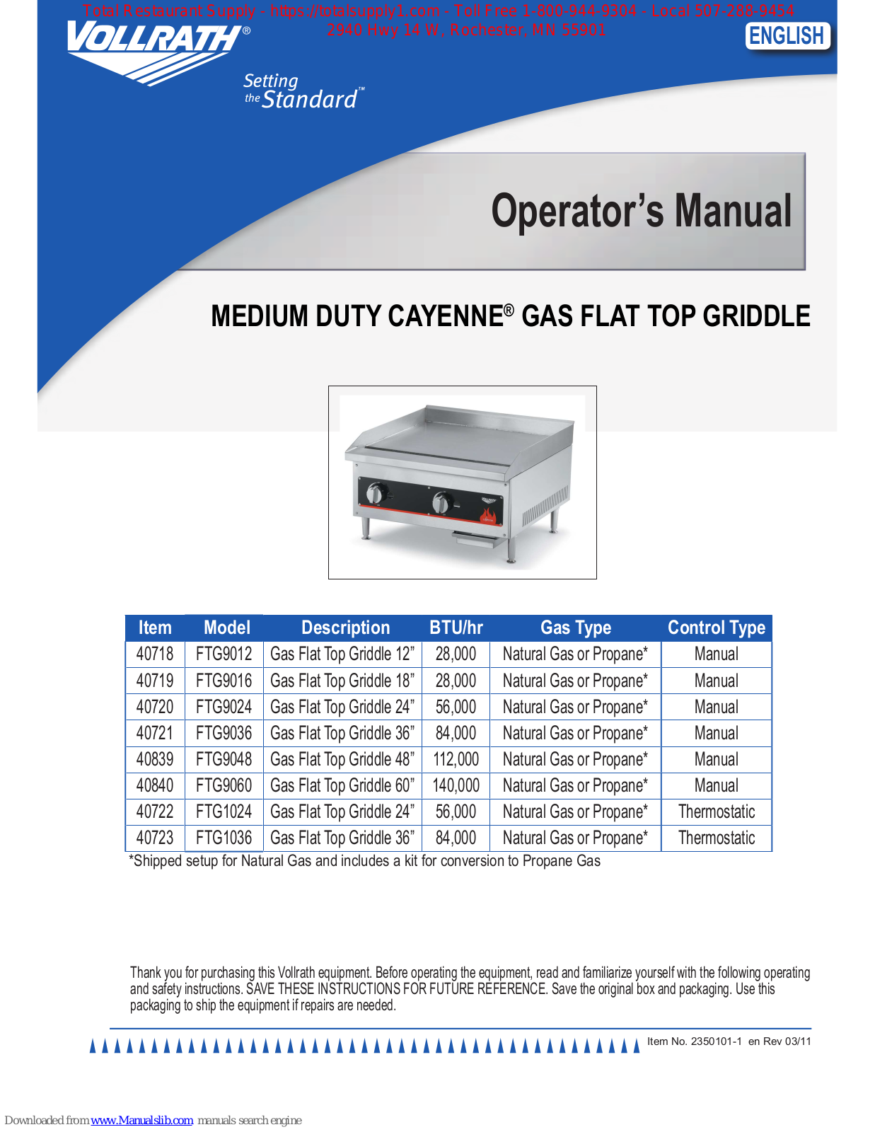 Vollrath 40718, 40721, 40719, 40720, 40840 Operator's Manual