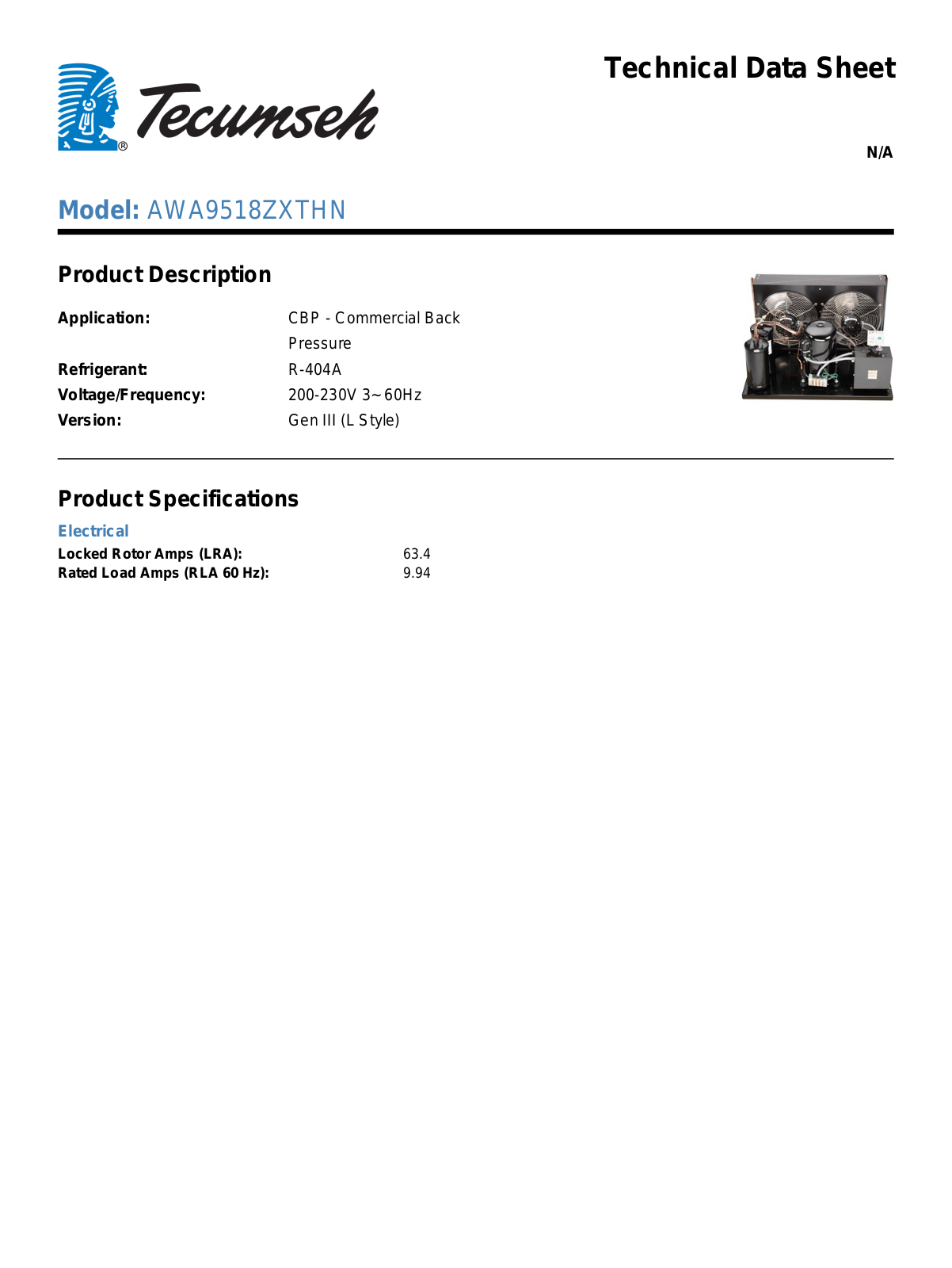 Tecumseh AWA9518ZXTHN Technical Data Sheet