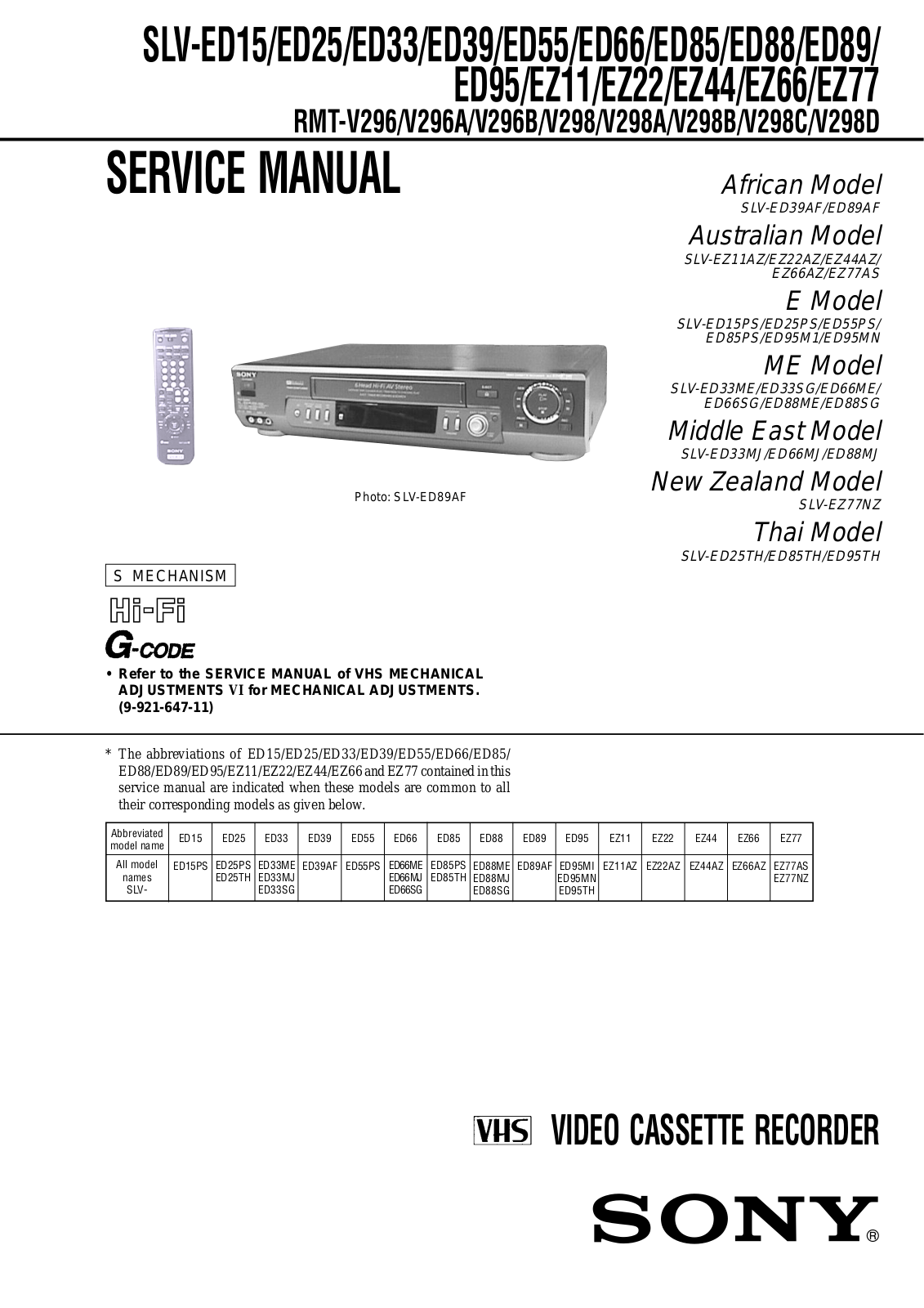 Sony SLV-ED15, SLV-ED25, SLV-ED33, SLV-ED39, SLV-ED55 Service manual