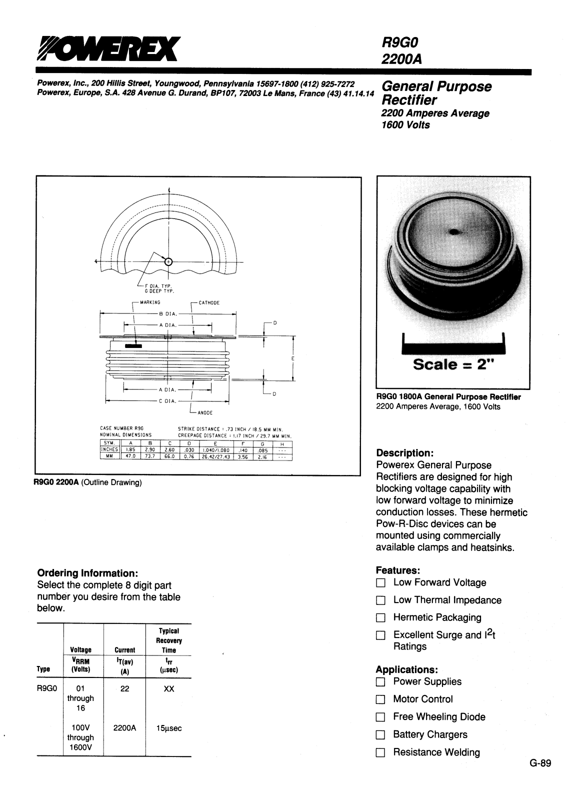 POWEREX R9G02022, R9G00222, R9G00422, R9G01422, R9G01622 Datasheet