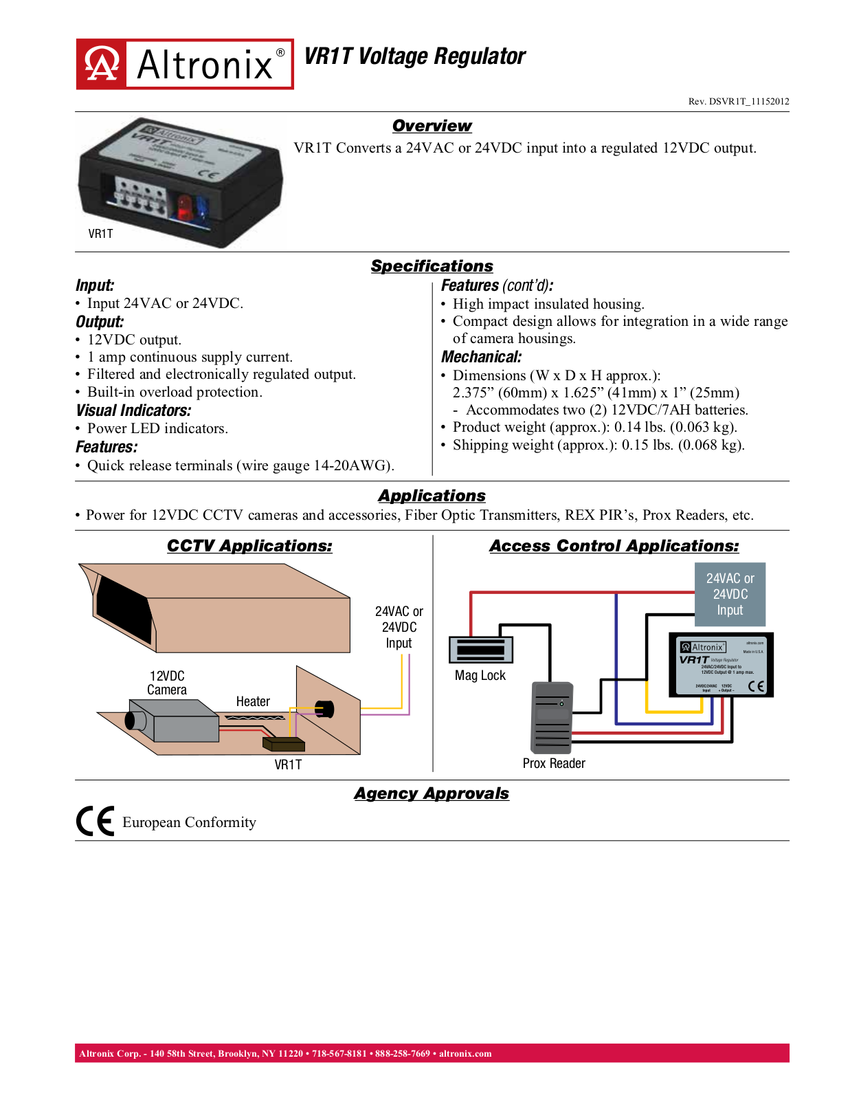 Altronix VR1T Data Sheet