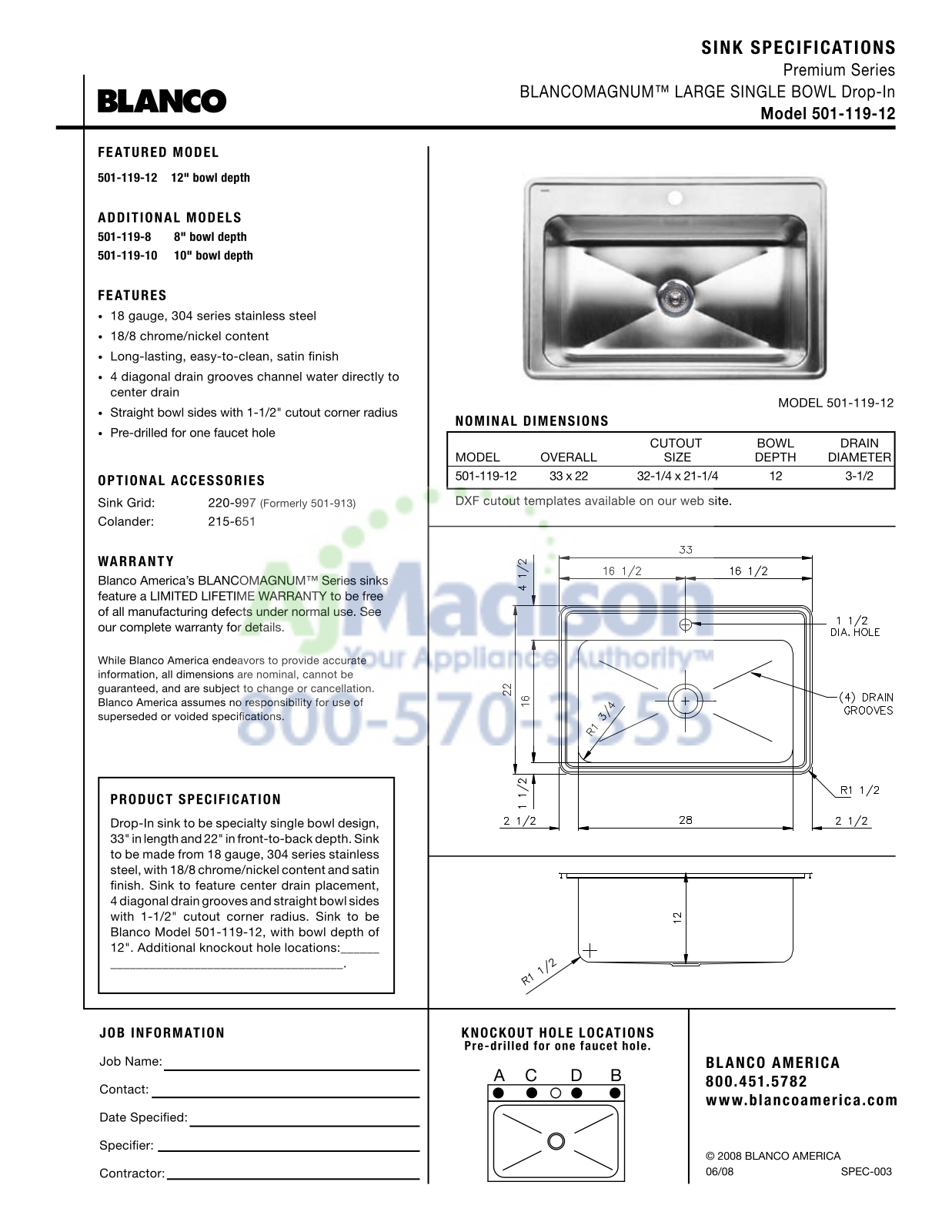 Blanco 440276 Specs