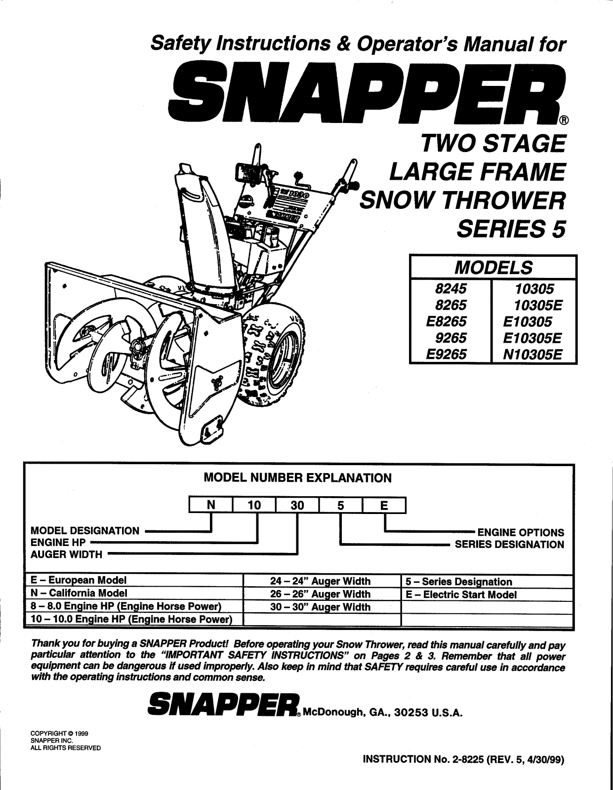 Snapper 8265, E10305, E8265, 10305, N10305E User Manual