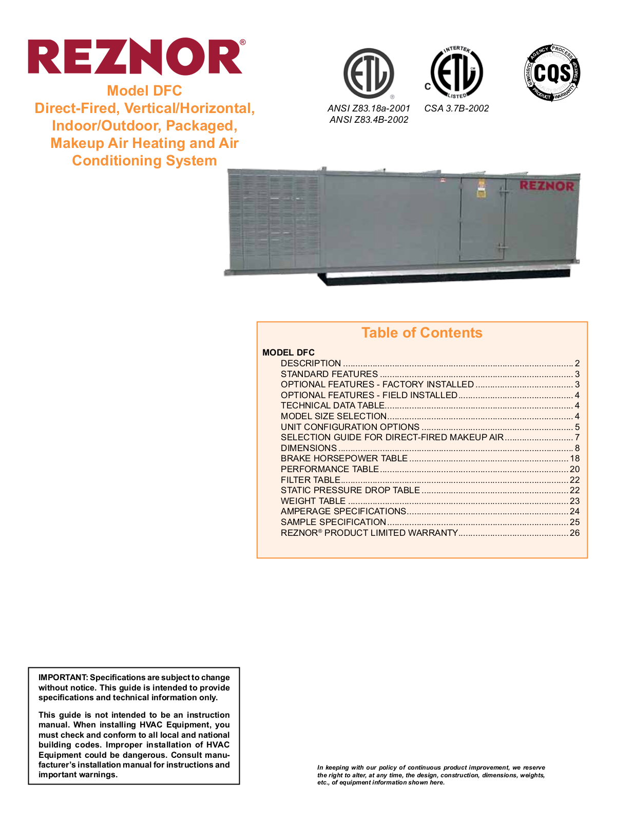 Reznor DFCH127 User Manual