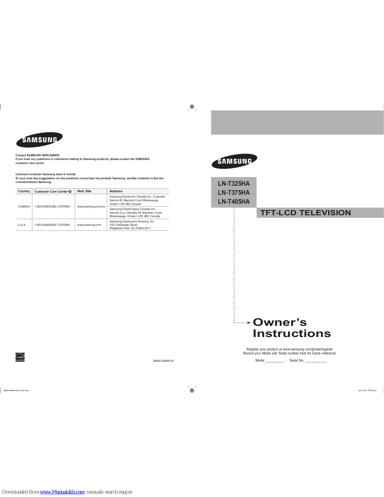 Samsung LN-T375HA, LN-T325HA, LN-T405HA Owner's Instructions Manual