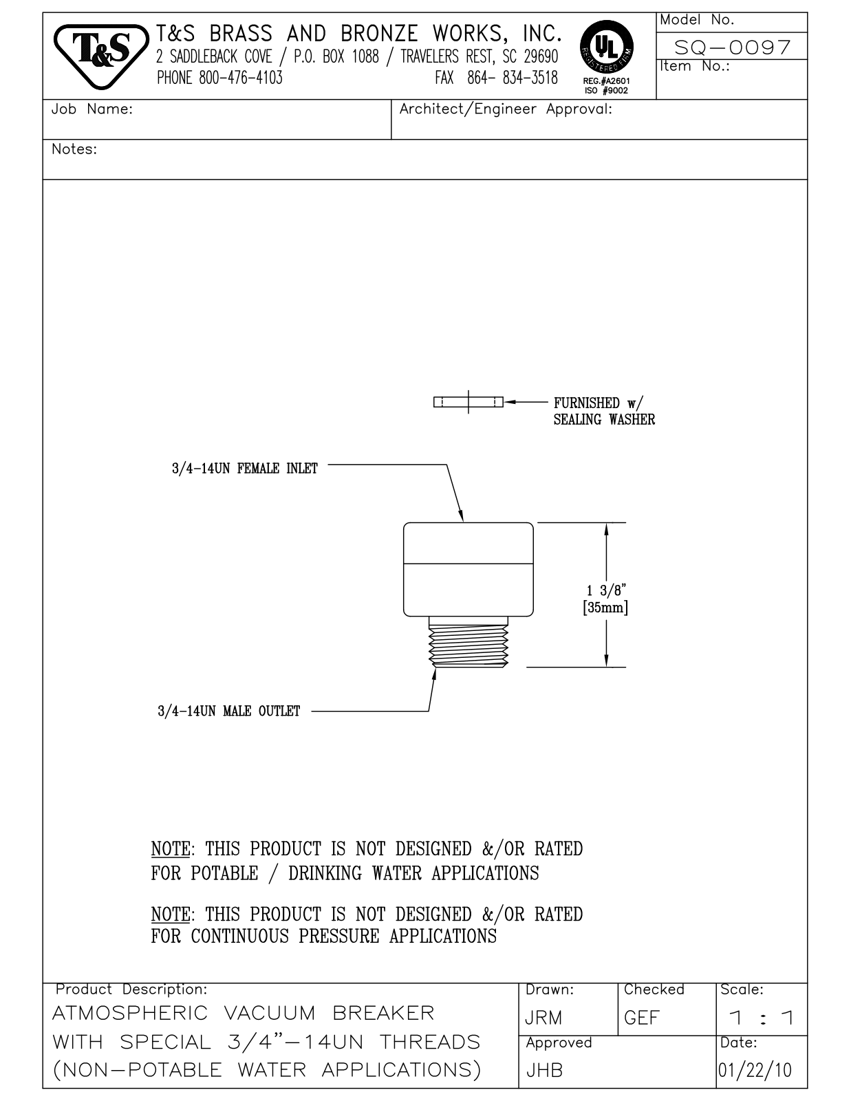 T&S Brass SQ-0097 User Manual