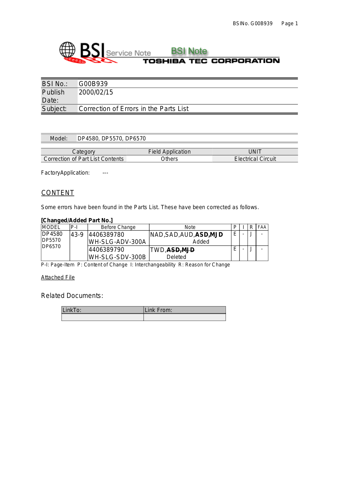 Toshiba g00b939 Service Note