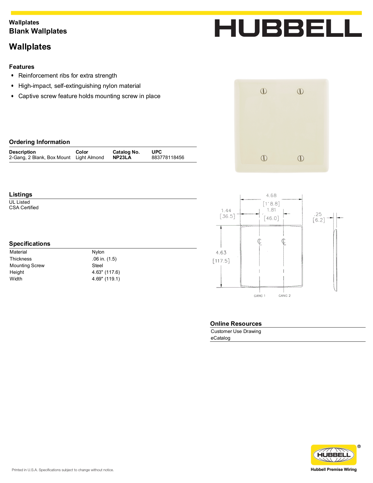 Hubbell NP23LA Specifications