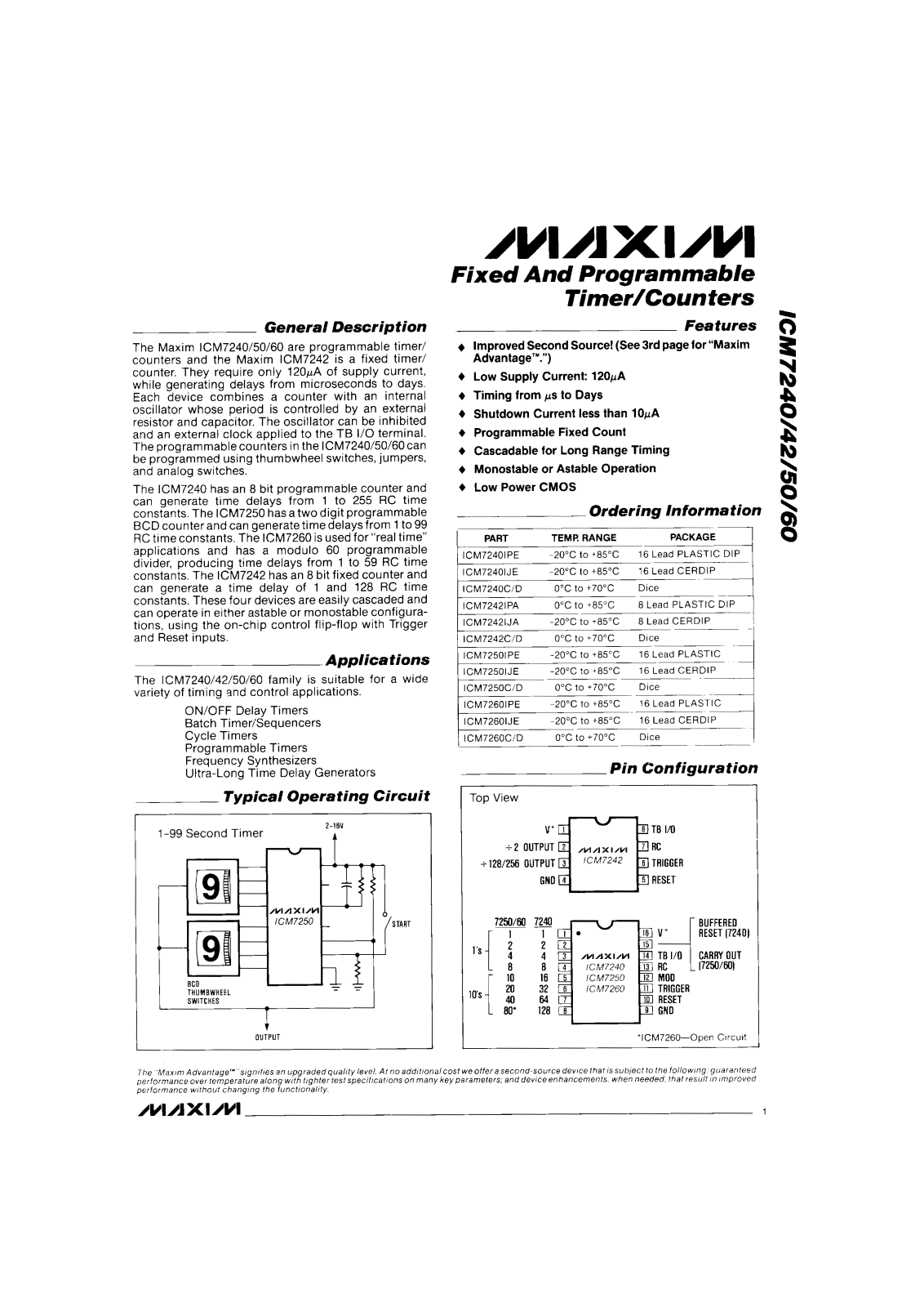 Maxim Integrated Producs ICM7240CD, ICM7240IJE, ICM7250IPE, ICM7260CD, ICM7260IJE Datasheet