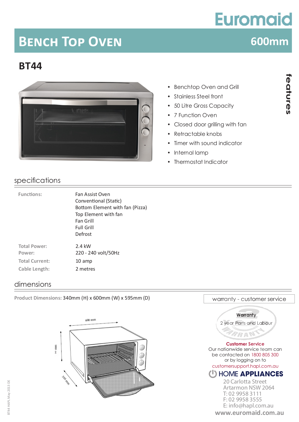 Euromaid BT44 Specifications Sheet