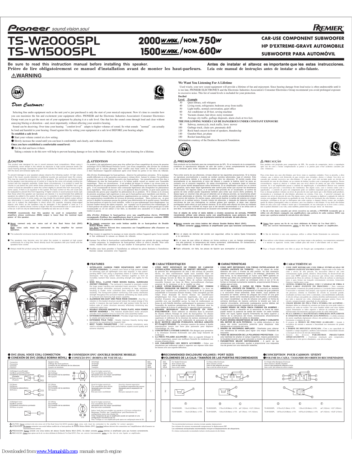 Pioneer Premier TS-W1500SPL, Premier TS-W2000SPL Instruction Manual