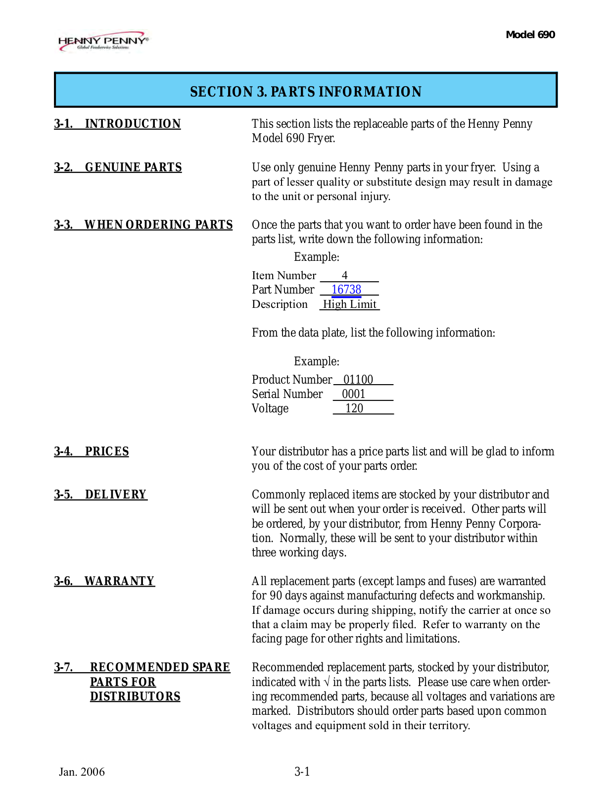 Henny Penny PFG-690 Parts Manual