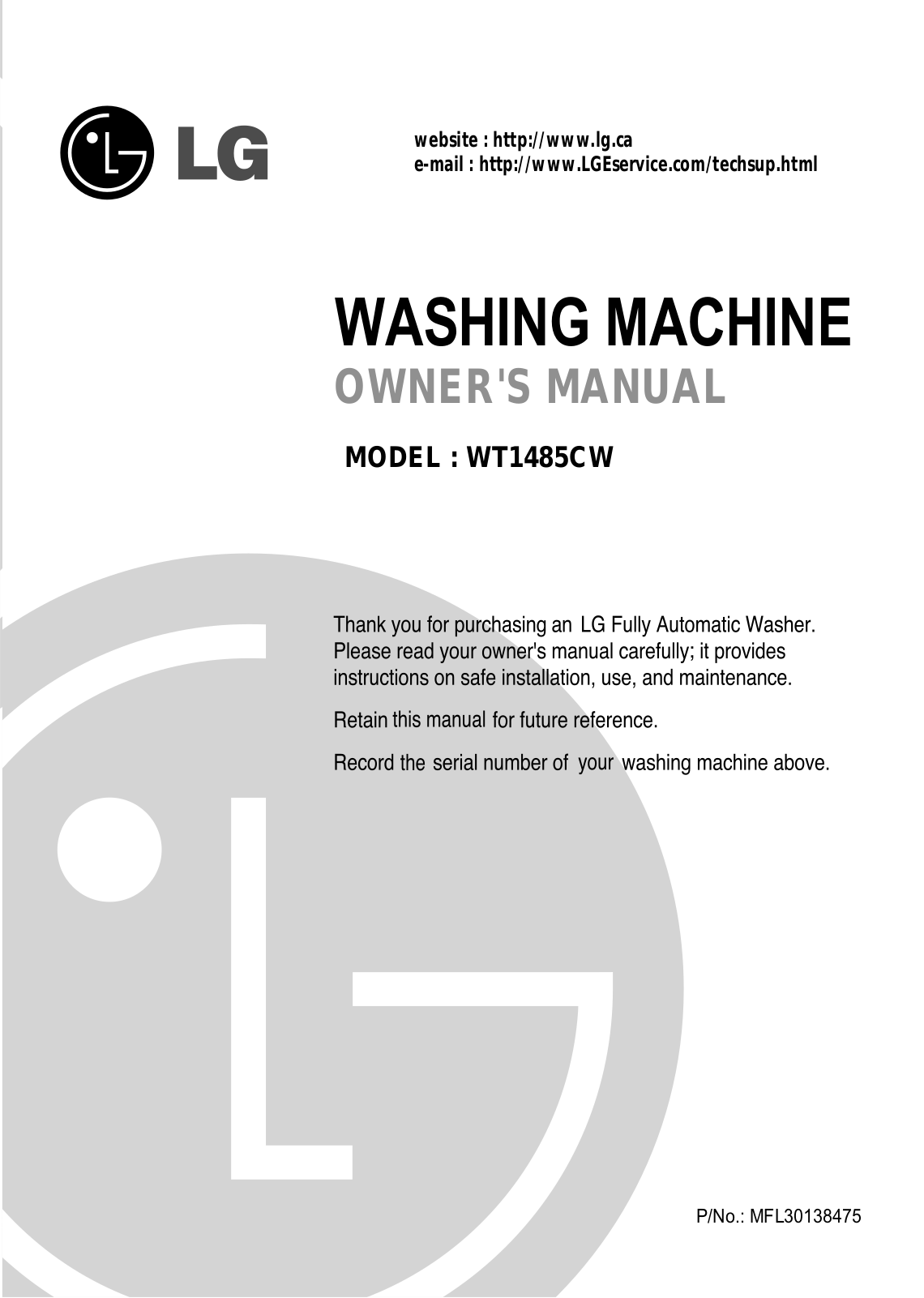 LG WT1485CW Owner’s Manual