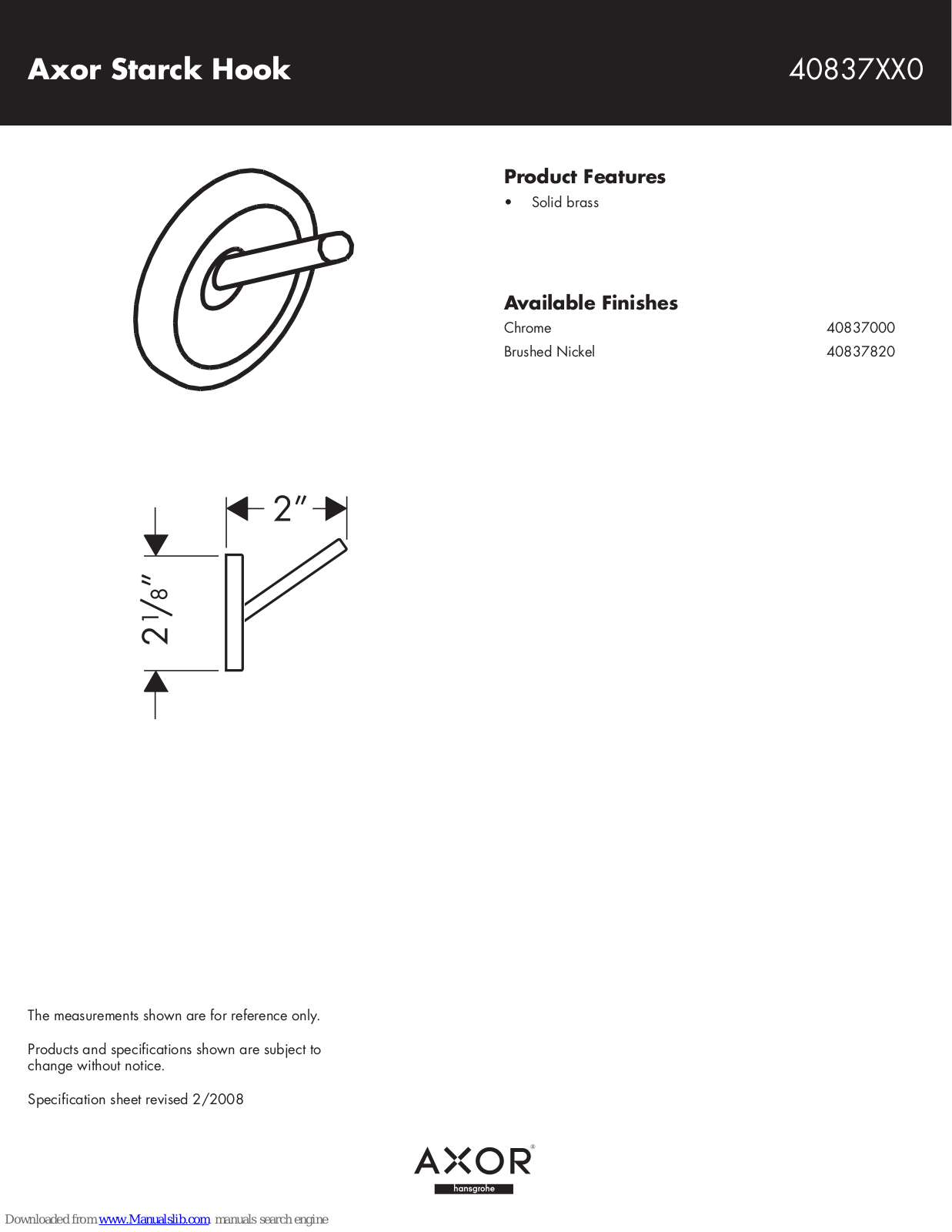 Axor 40837000, 40837820 Specification Sheet