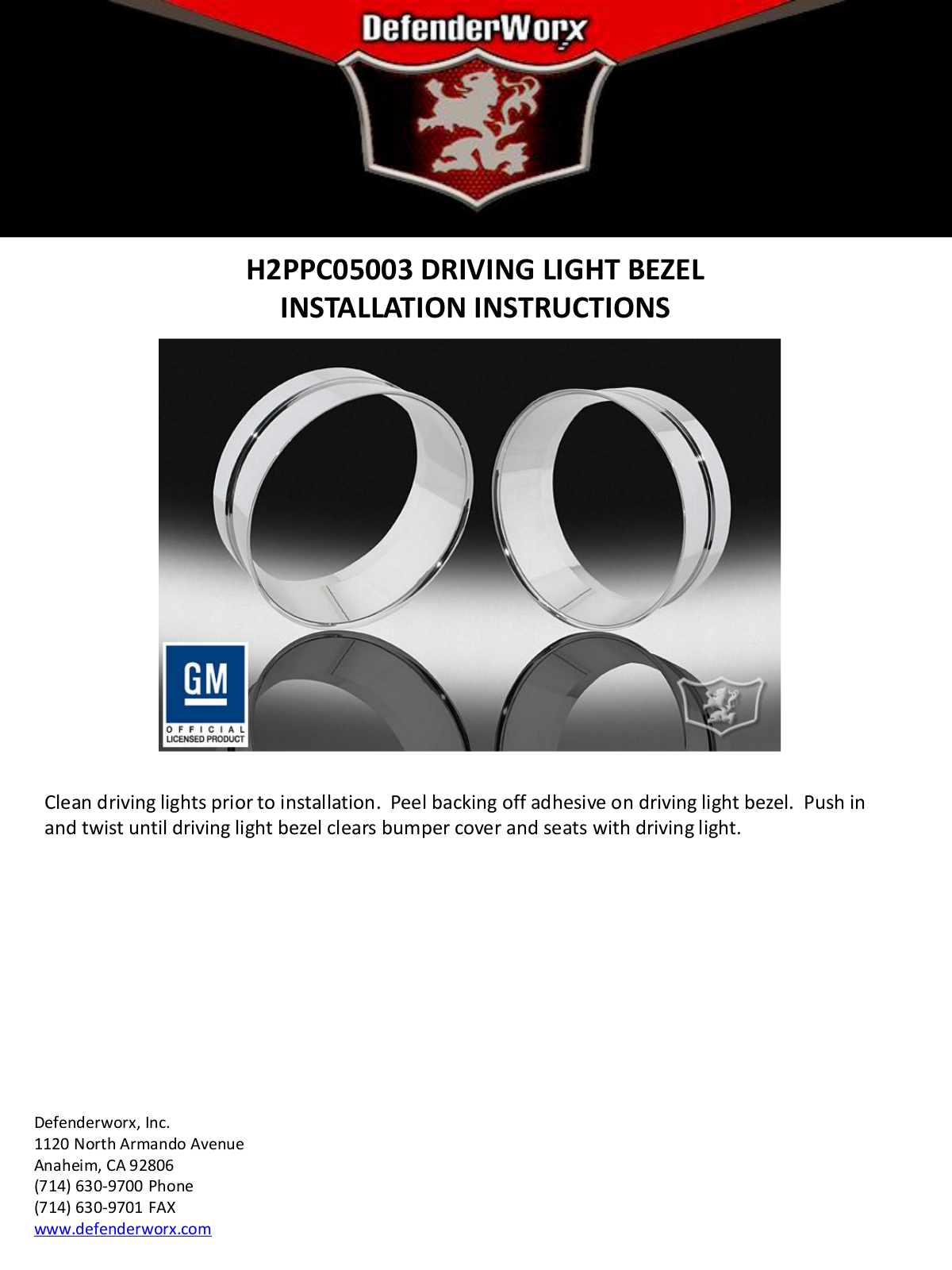 DefenderWorx DRIVING LIGHT BEZEL User Manual