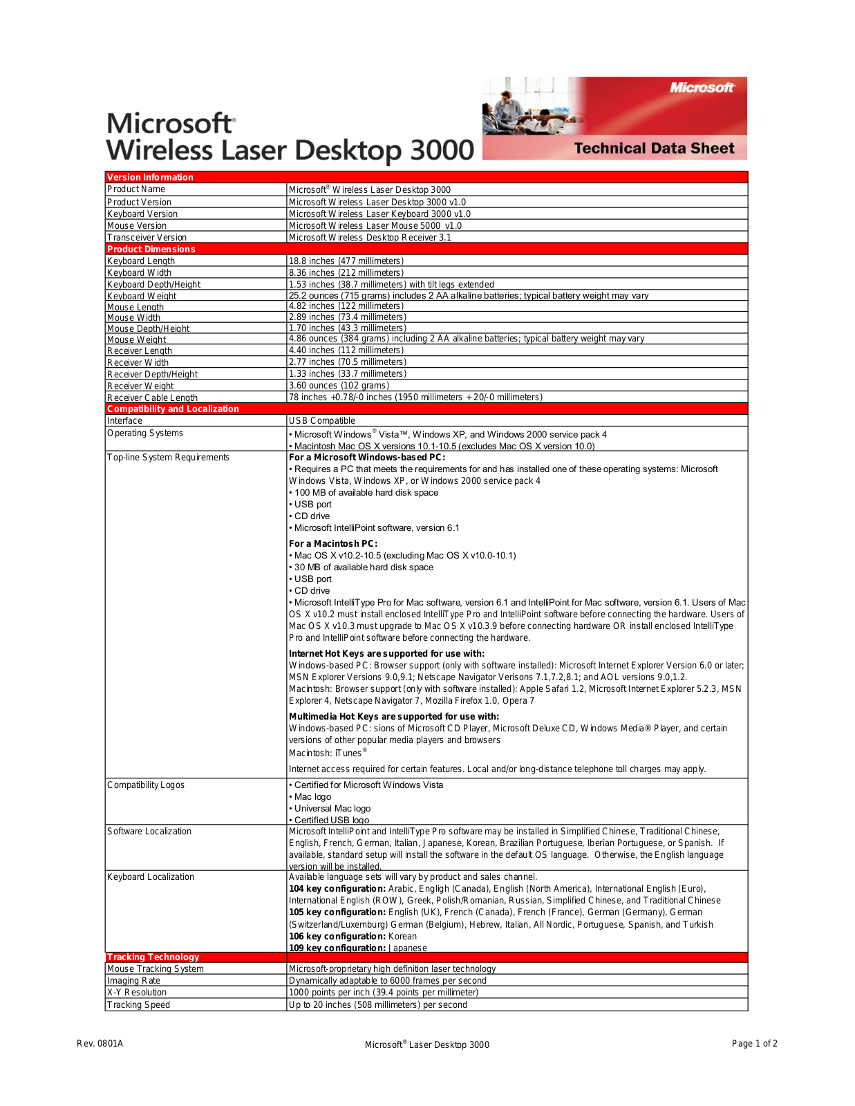 Microsoft WIRELESS LASER DESKTOP 3000 DATASHEET