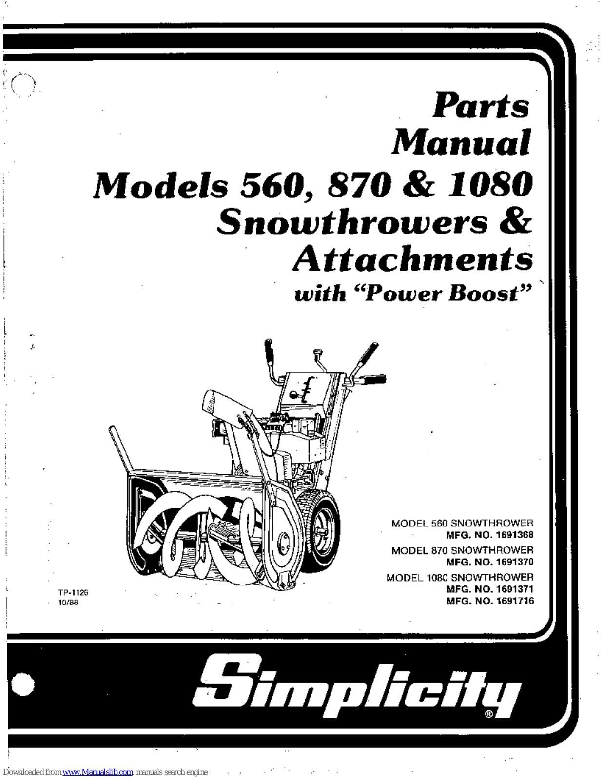 Simplicity 1080, 560, 870, 1691368, 1691370 Parts Manual