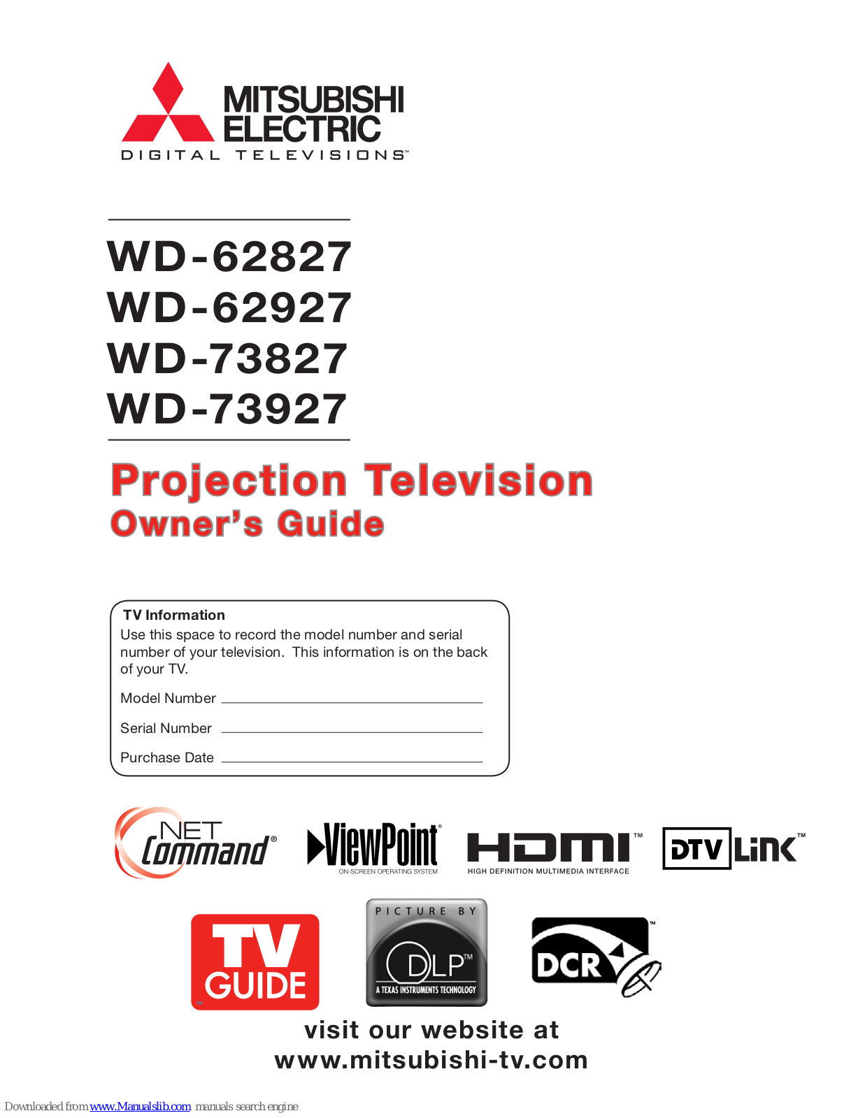 Mitsubishi Electric TM WD-62827, WD-62927, WD-73827, WD-73927, WD-62827 Owner's Manual