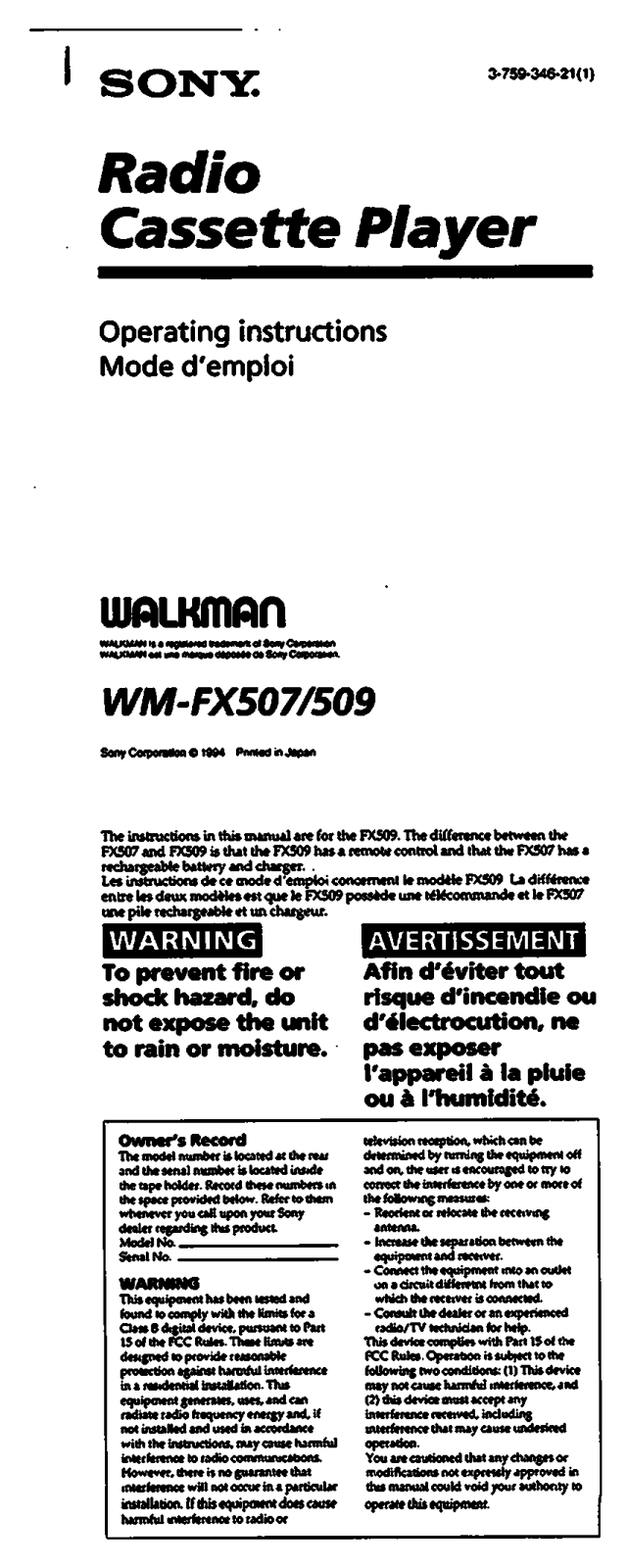 Sony WM-FX507 User Manual