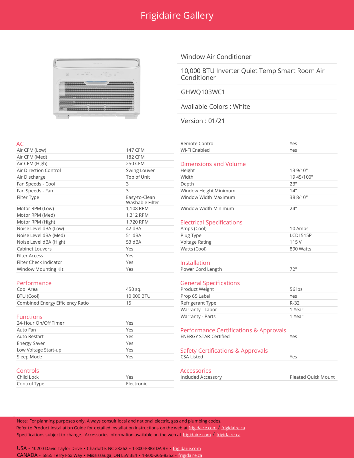 Frigidaire GHWQ103WC1 Specification Sheet